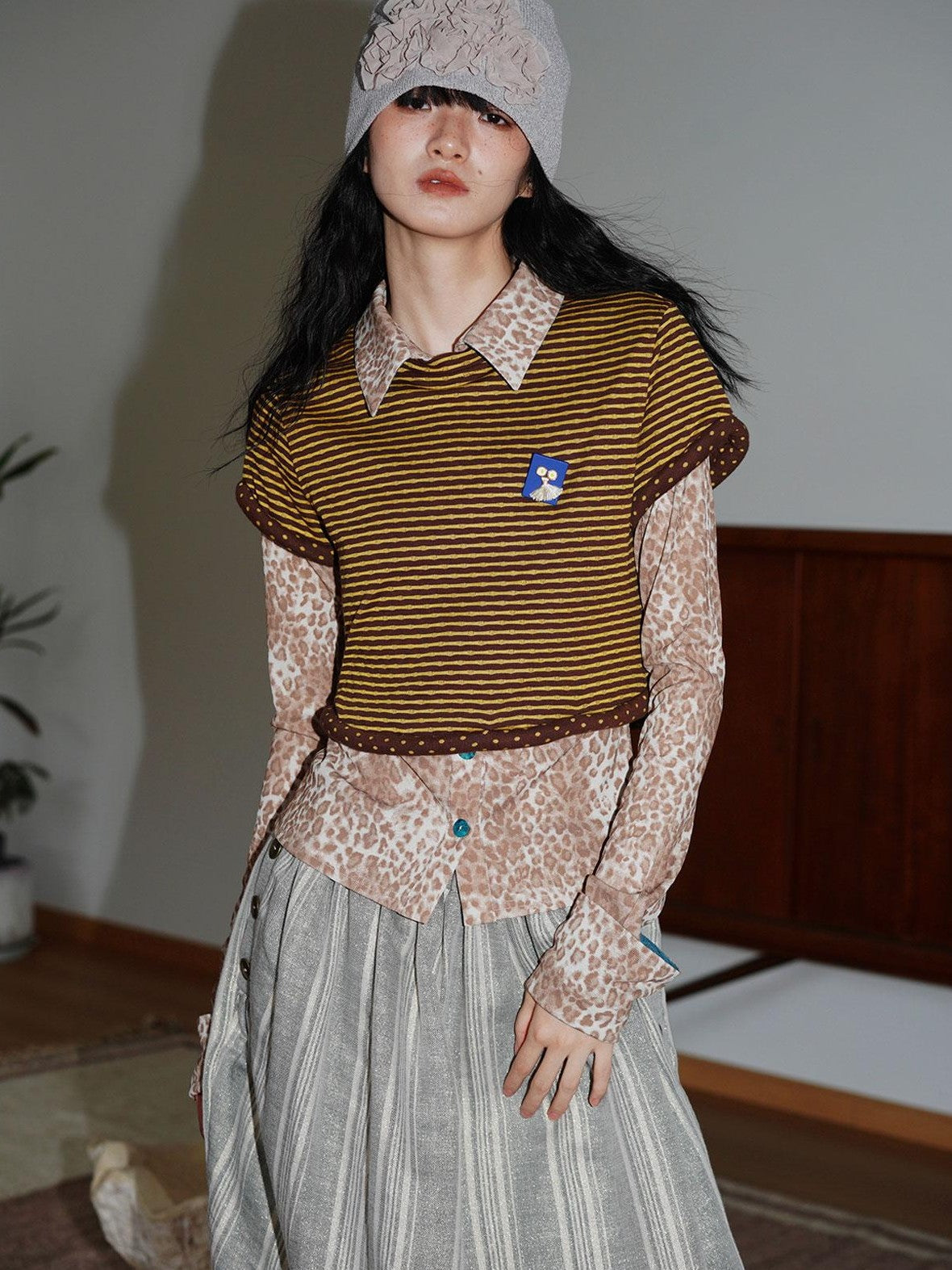badtaste Patchwork Colorblock Retro Leopard Women's Knit Slim Fit Long Sleeve Overshirts