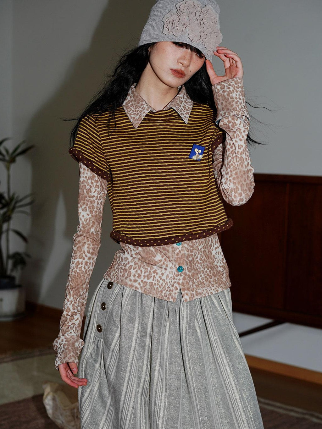 badtaste Patchwork Colorblock Retro Leopard Women's Knit Slim Fit Long Sleeve Overshirts