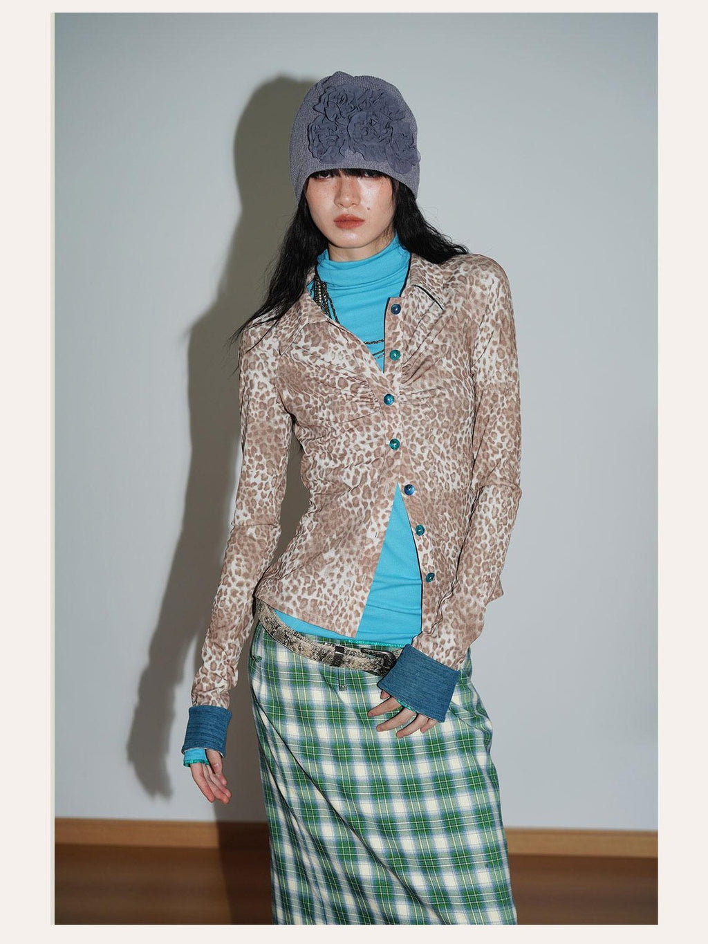 badtaste Patchwork Colorblock Retro Leopard Women's Knit Slim Fit Long Sleeve Overshirts