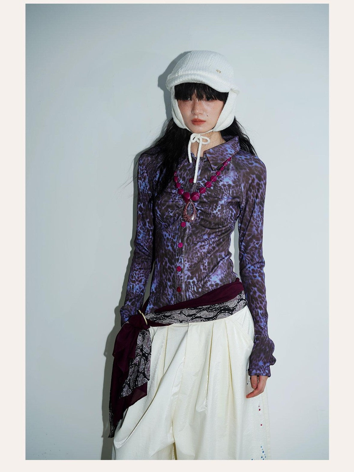 badtaste Patchwork Colorblock Retro Leopard Women's Knit Slim Fit Long Sleeve Overshirts