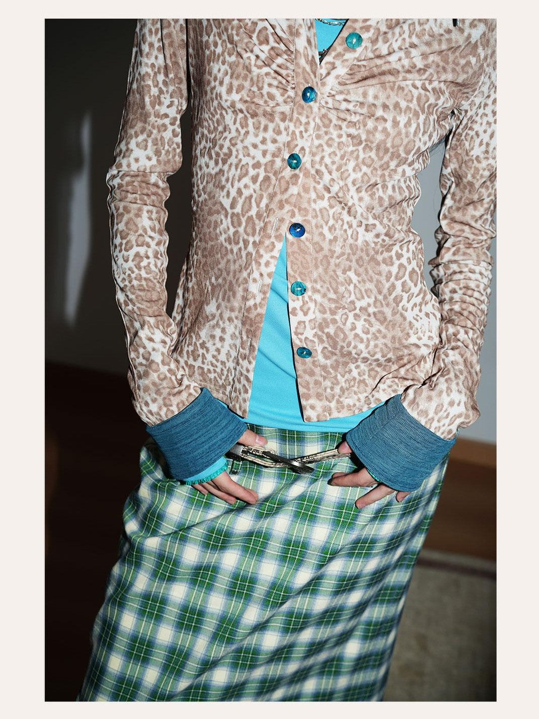 badtaste Patchwork Colorblock Retro Leopard Women's Knit Slim Fit Long Sleeve Overshirts