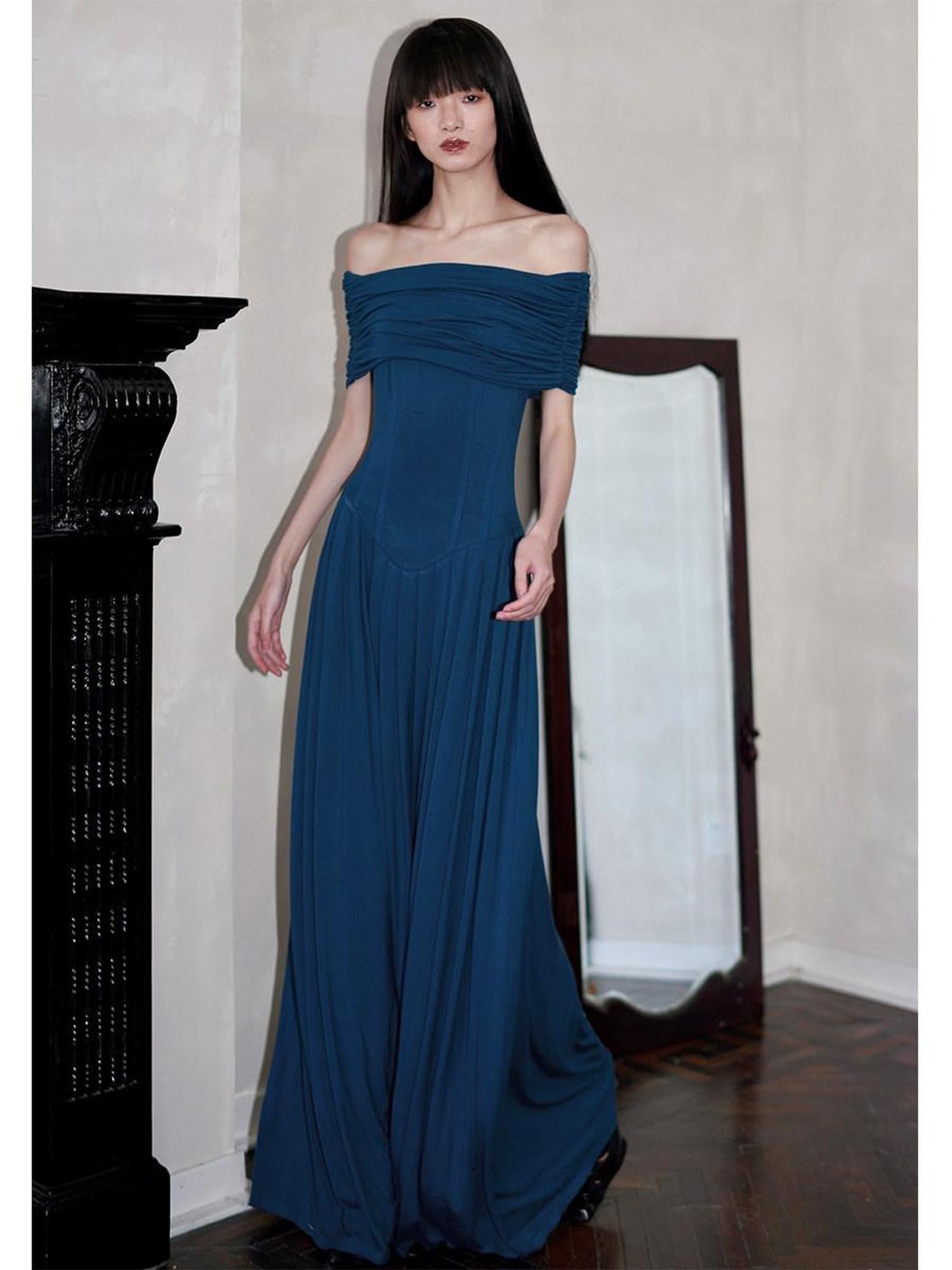 badtaste Peacock Blue Off Shoulder Slim Two Piece Women's Strapless Maxi Dresses