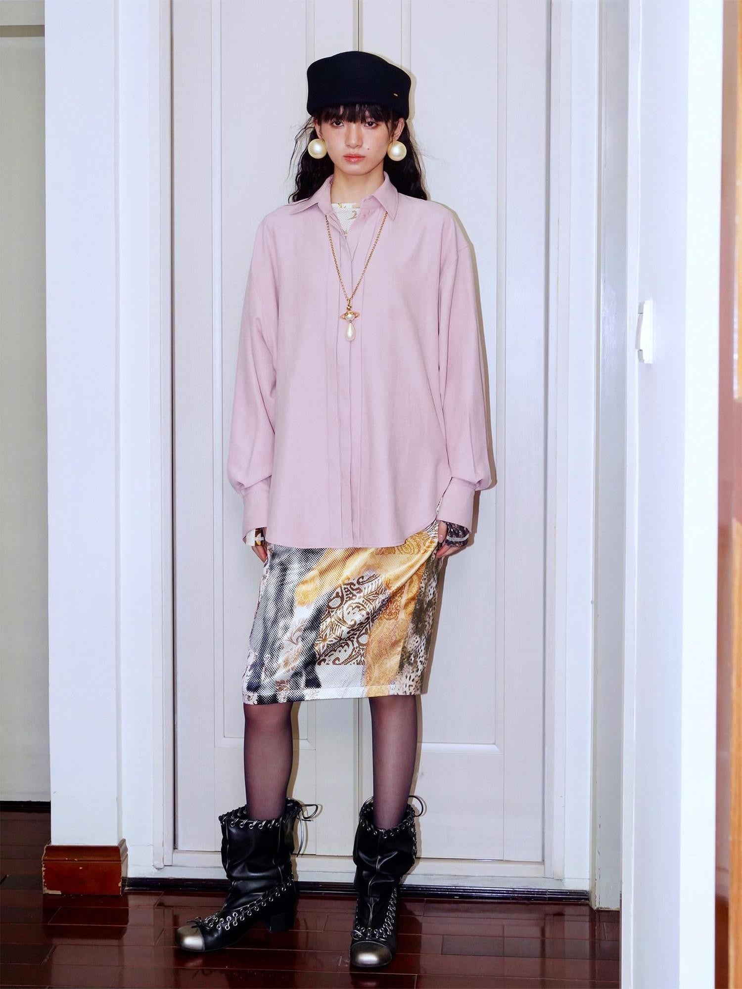 badtaste Pink Brushed Solid Vintage Loose Casual Long Sleeve Women's Oversized Shirts