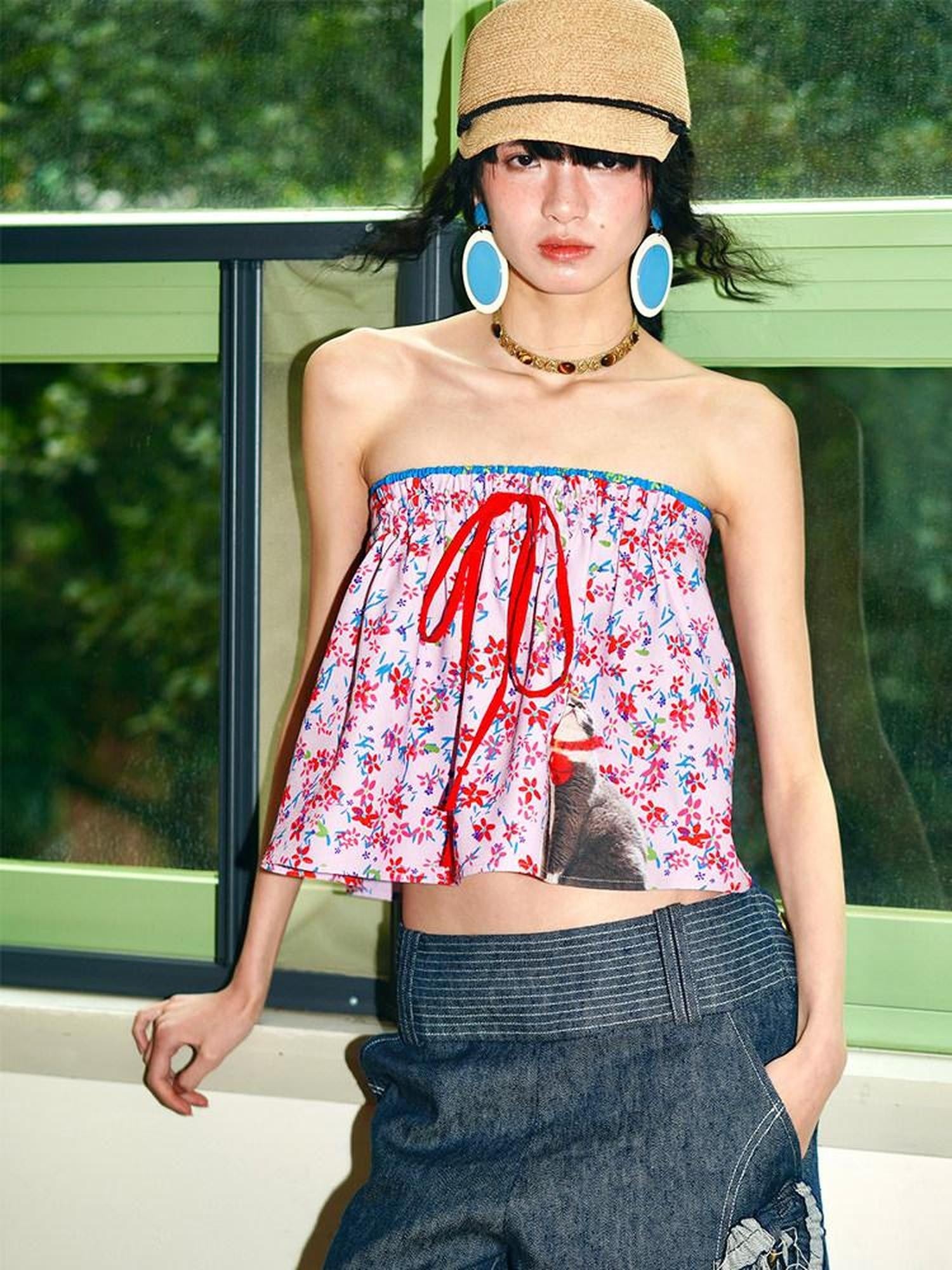 badtaste Pink Cat Floral Print Strapless Cropped Western Women's Tube Tops