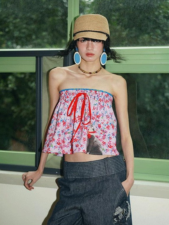 badtaste Pink Cat Floral Print Strapless Cropped Western Women's Tube Tops