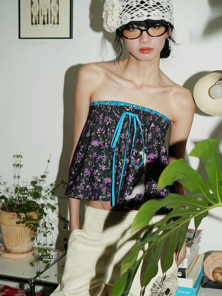 badtaste Pink Cat Floral Print Strapless Cropped Western Women's Tube Tops