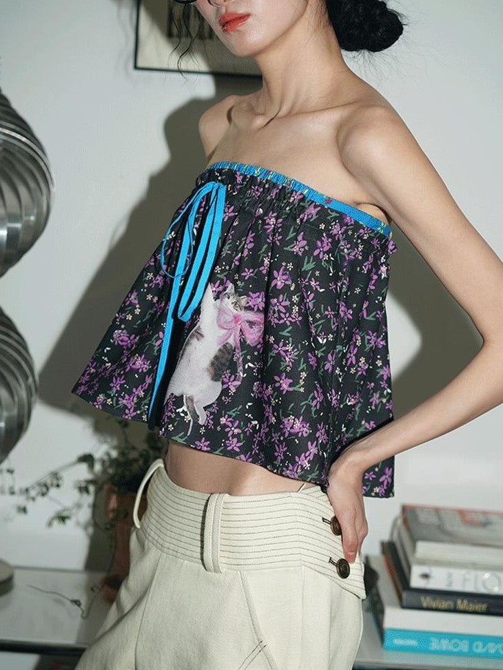 badtaste Pink Cat Floral Print Strapless Cropped Western Women's Tube Tops