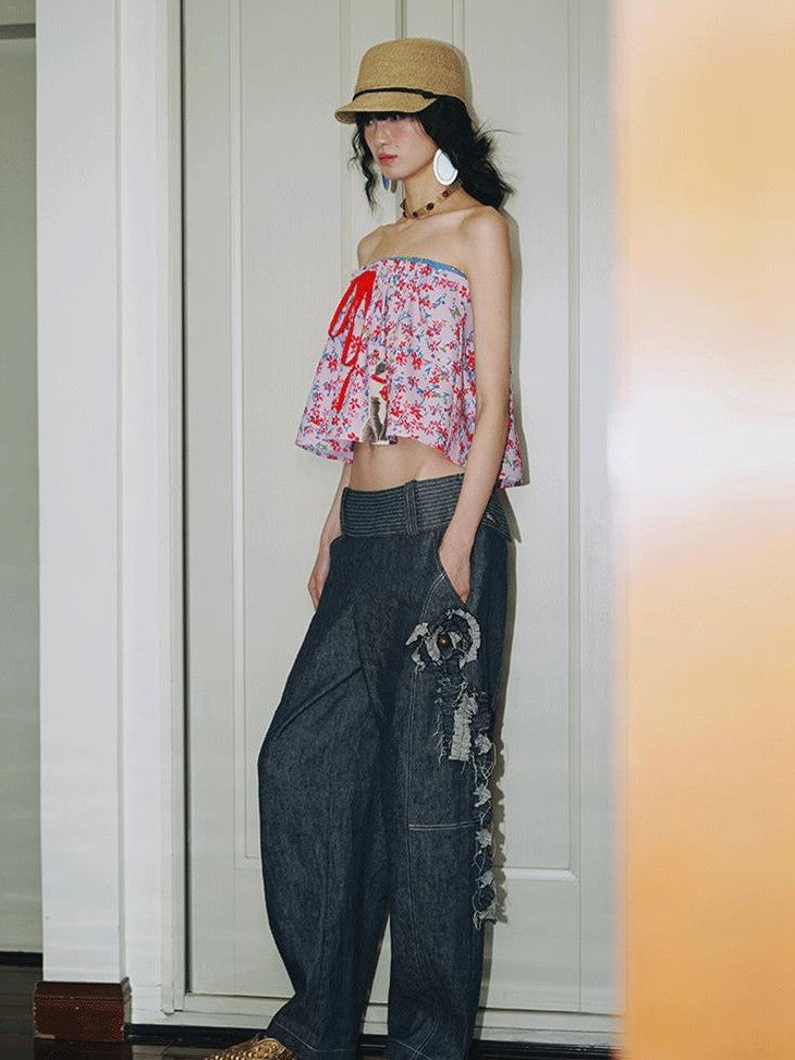 badtaste Pink Cat Floral Print Strapless Cropped Western Women's Tube Tops