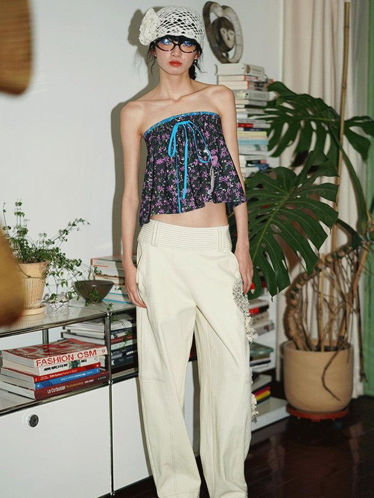 badtaste Pink Cat Floral Print Strapless Cropped Western Women's Tube Tops