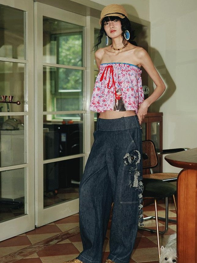 badtaste Pink Cat Floral Print Strapless Cropped Western Women's Tube Tops