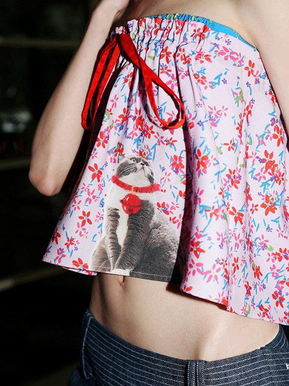 badtaste Pink Cat Floral Print Strapless Cropped Western Women's Tube Tops