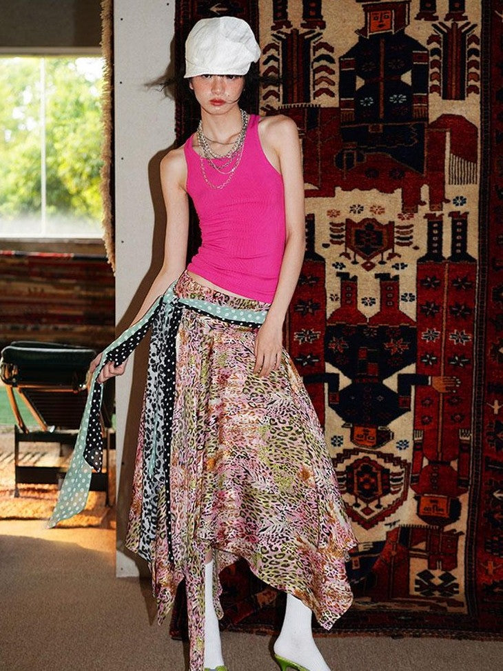 badtaste Pink Leopard Irregular Lace Up Multiway A Line Women's Midi Skirts