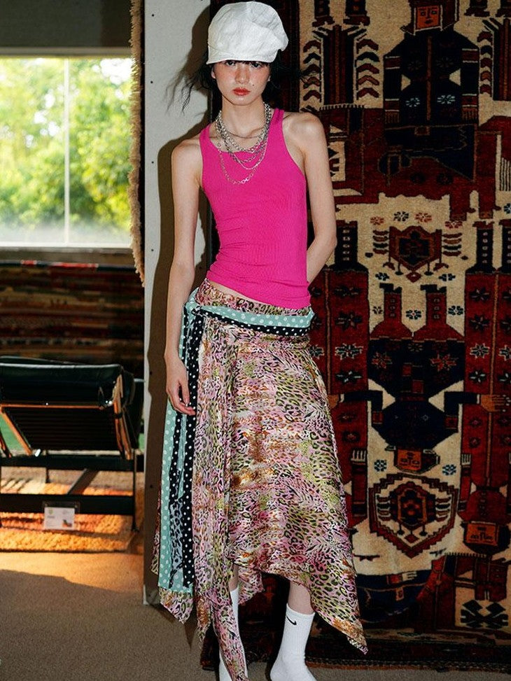 badtaste Pink Leopard Irregular Lace Up Multiway A Line Women's Midi Skirts