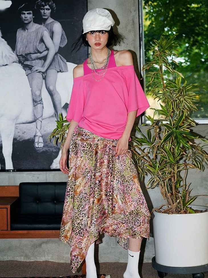 badtaste Pink Leopard Irregular Lace Up Multiway A Line Women's Midi Skirts