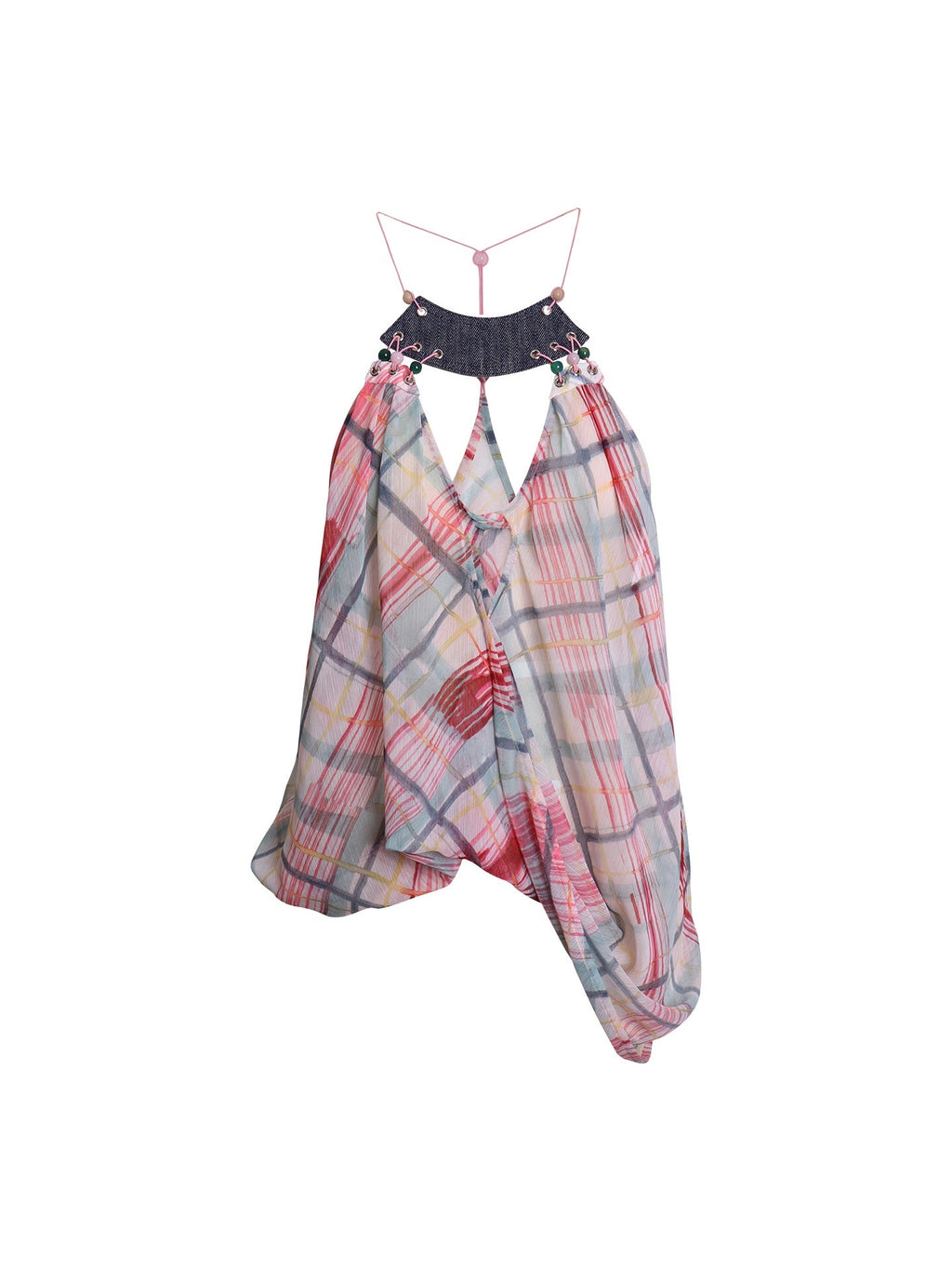 badtaste_Plaid_Asymmetric_Twist_Knot_Beaded_V-neck_Women's_Semi_Sheer_Halter_Tops_1059113534191_MISSTT