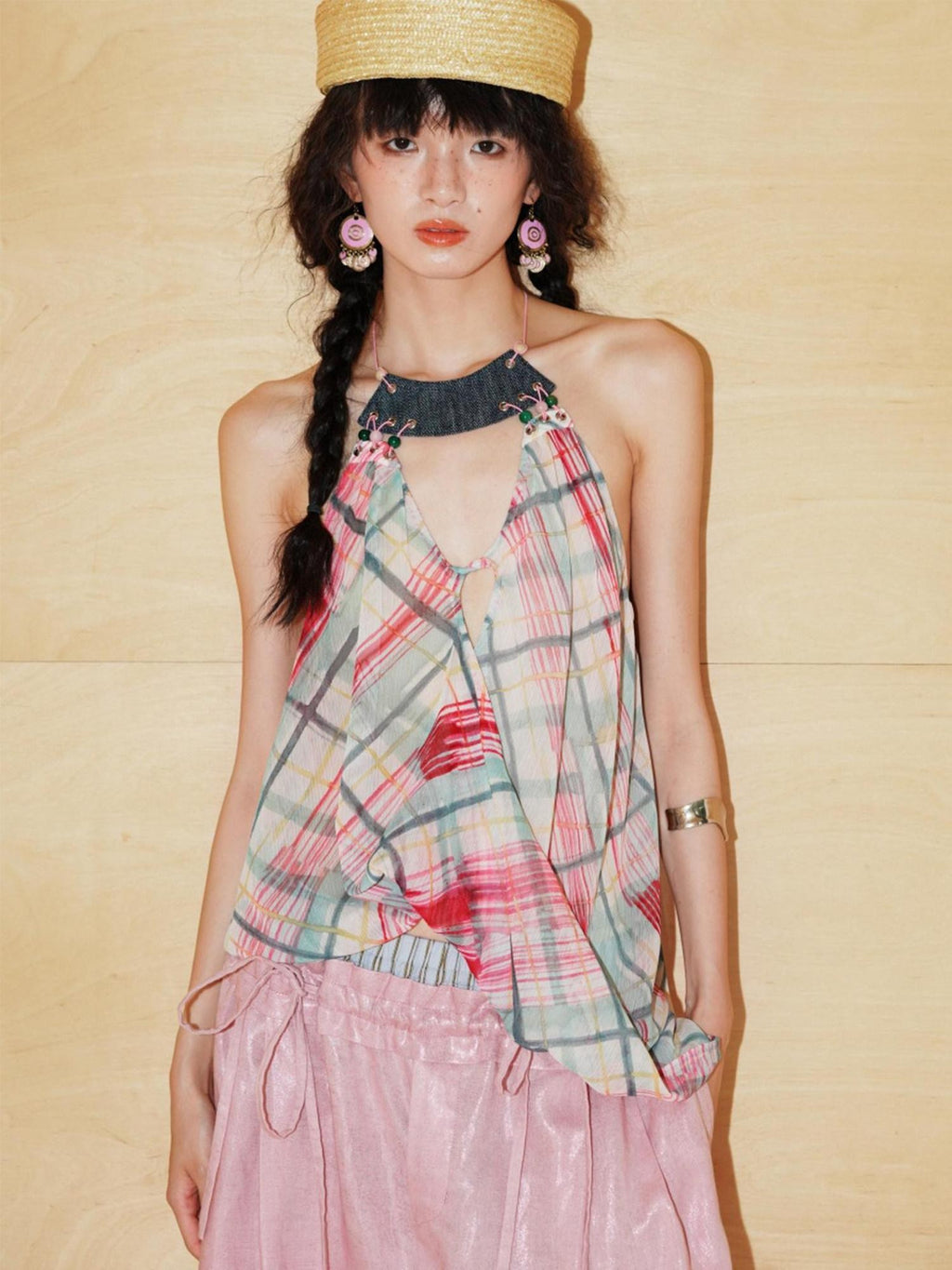 badtaste Plaid Asymmetric Twist Knot Beaded V-neck Women's Semi Sheer Halter Tops