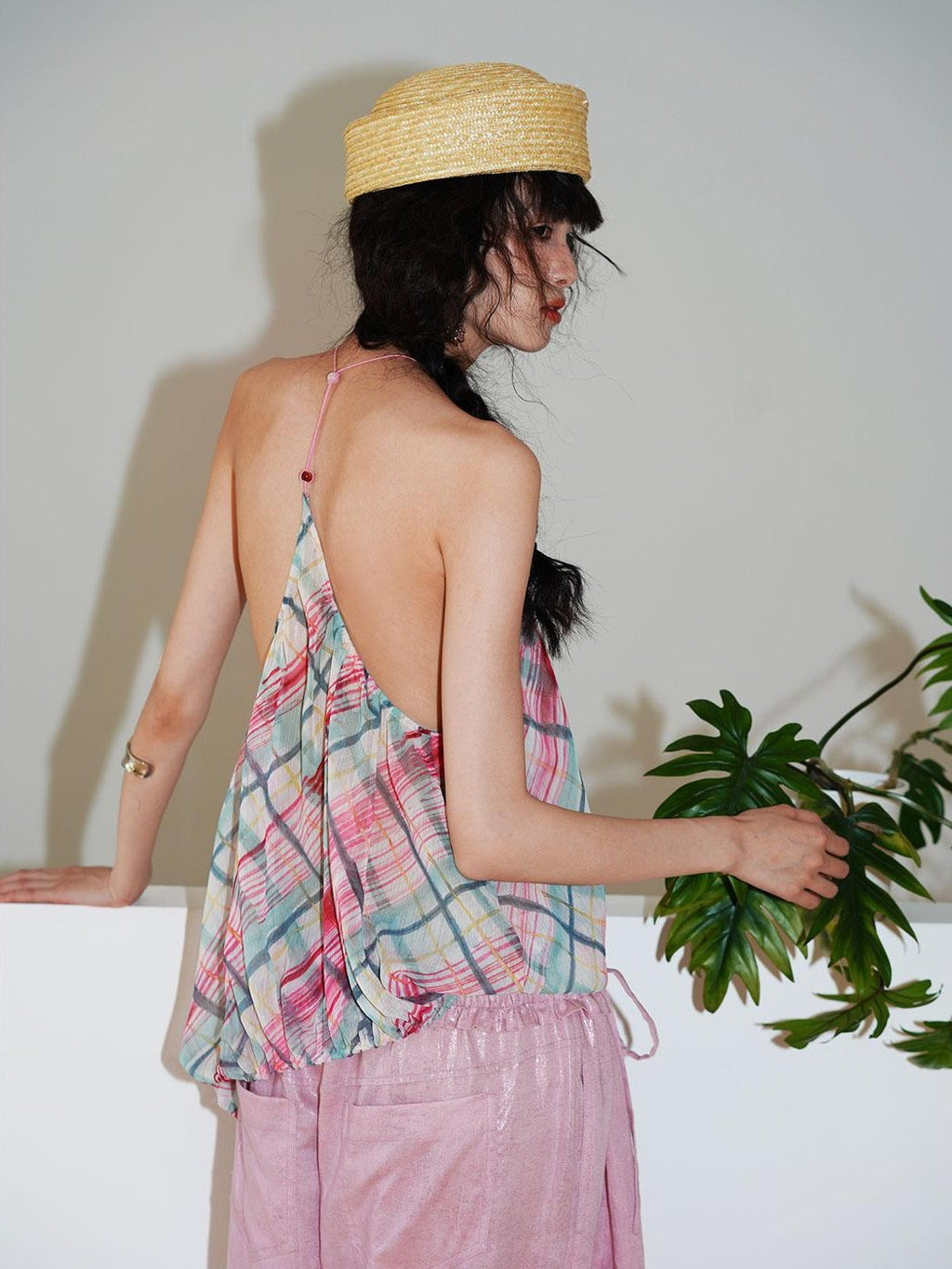 badtaste Plaid Asymmetric Twist Knot Beaded V-neck Women's Semi Sheer Halter Tops
