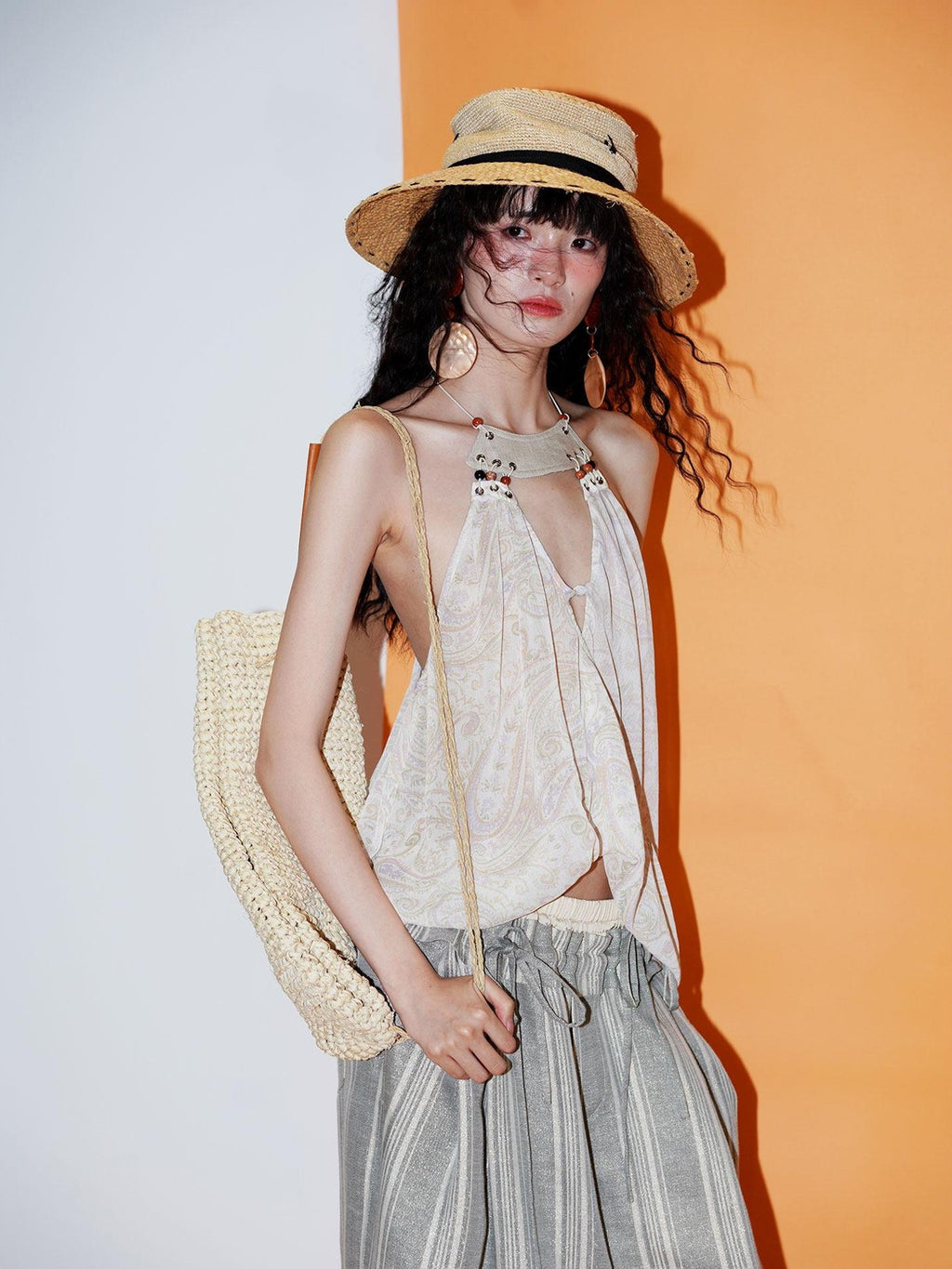 badtaste Plaid Asymmetric Twist Knot Beaded V-neck Women's Semi Sheer Halter Tops