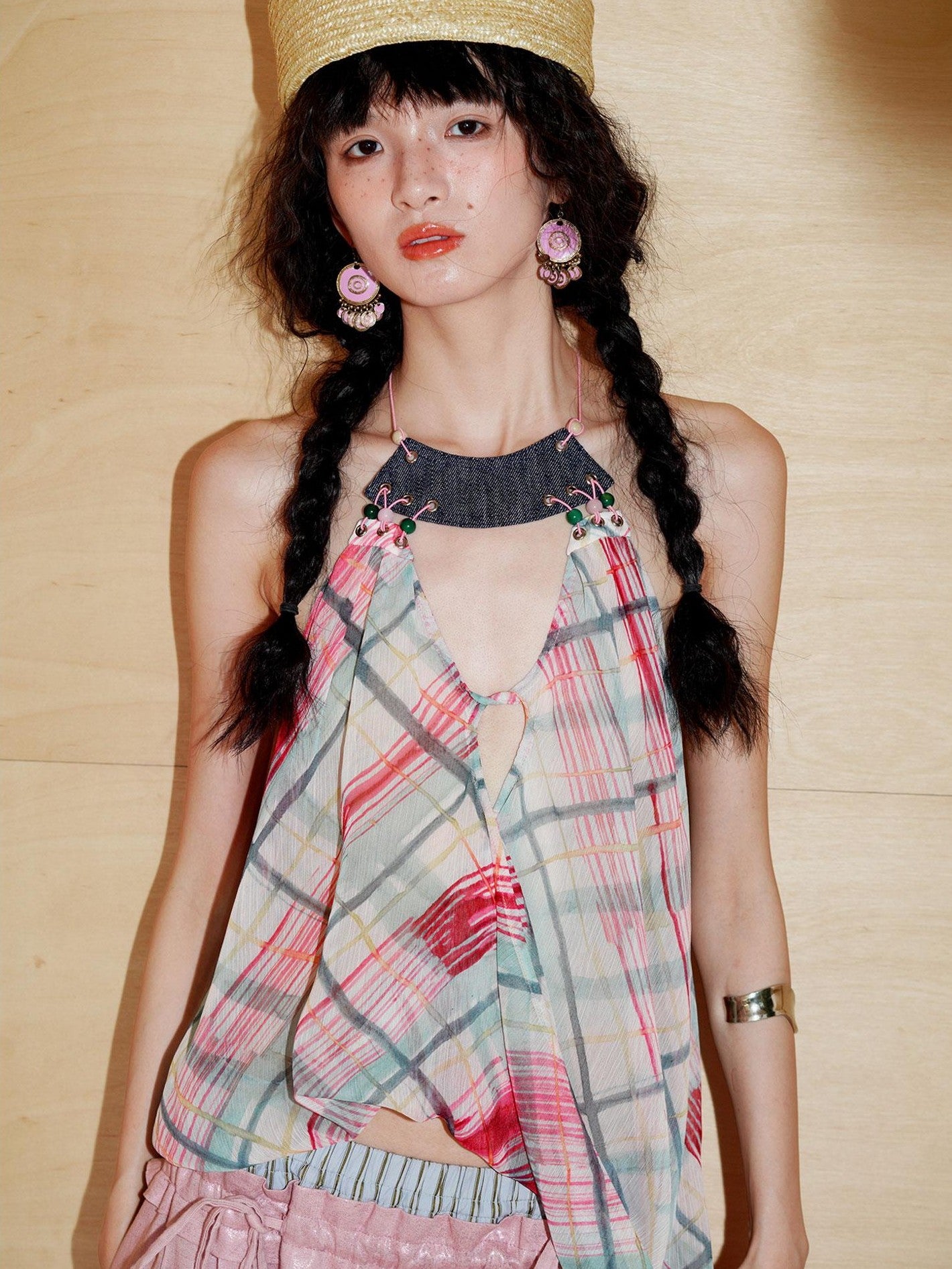 badtaste Plaid Asymmetric Twist Knot Beaded V-neck Women's Semi Sheer Halter Tops