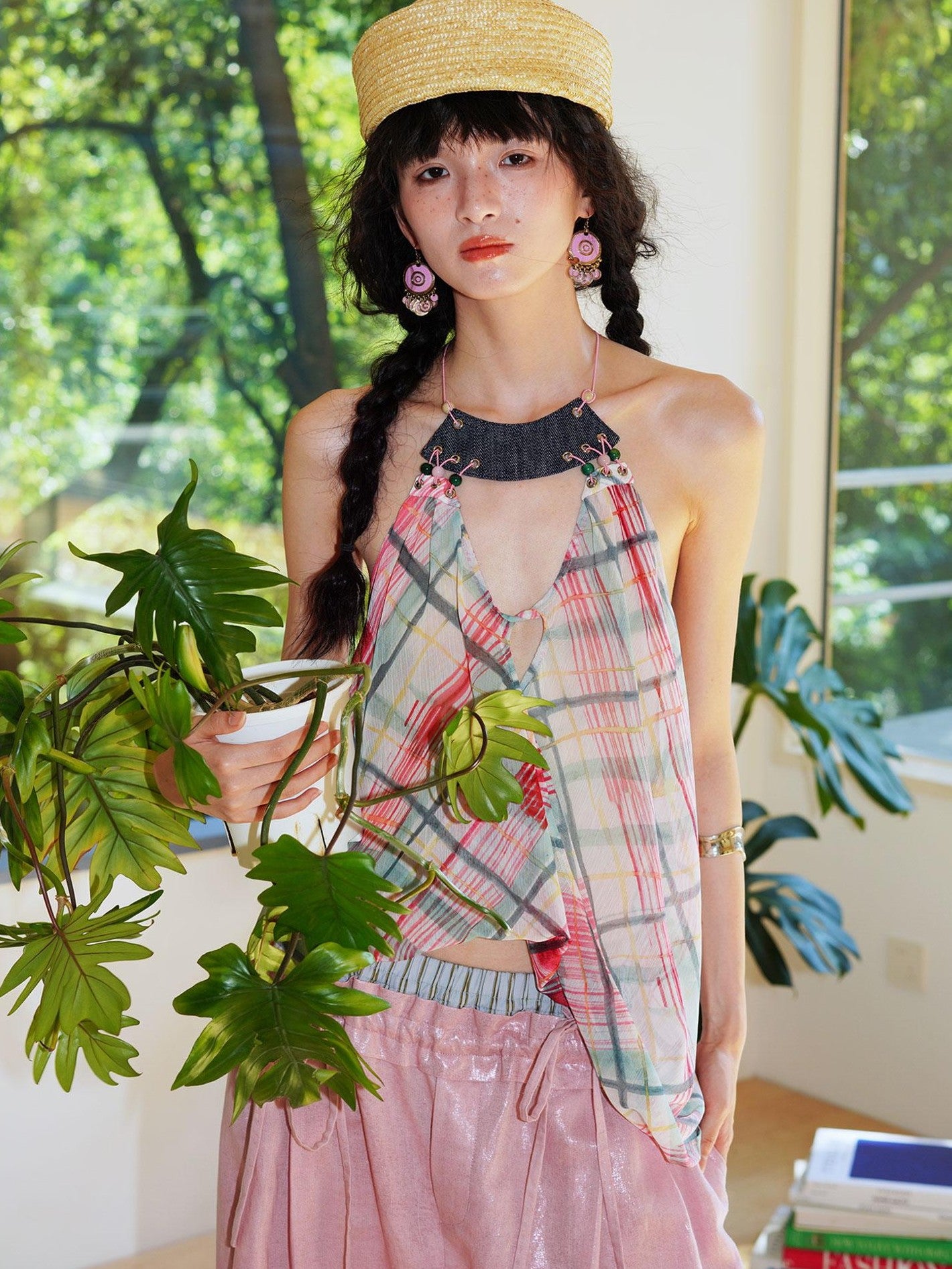 badtaste Plaid Asymmetric Twist Knot Beaded V-neck Women's Semi Sheer Halter Tops