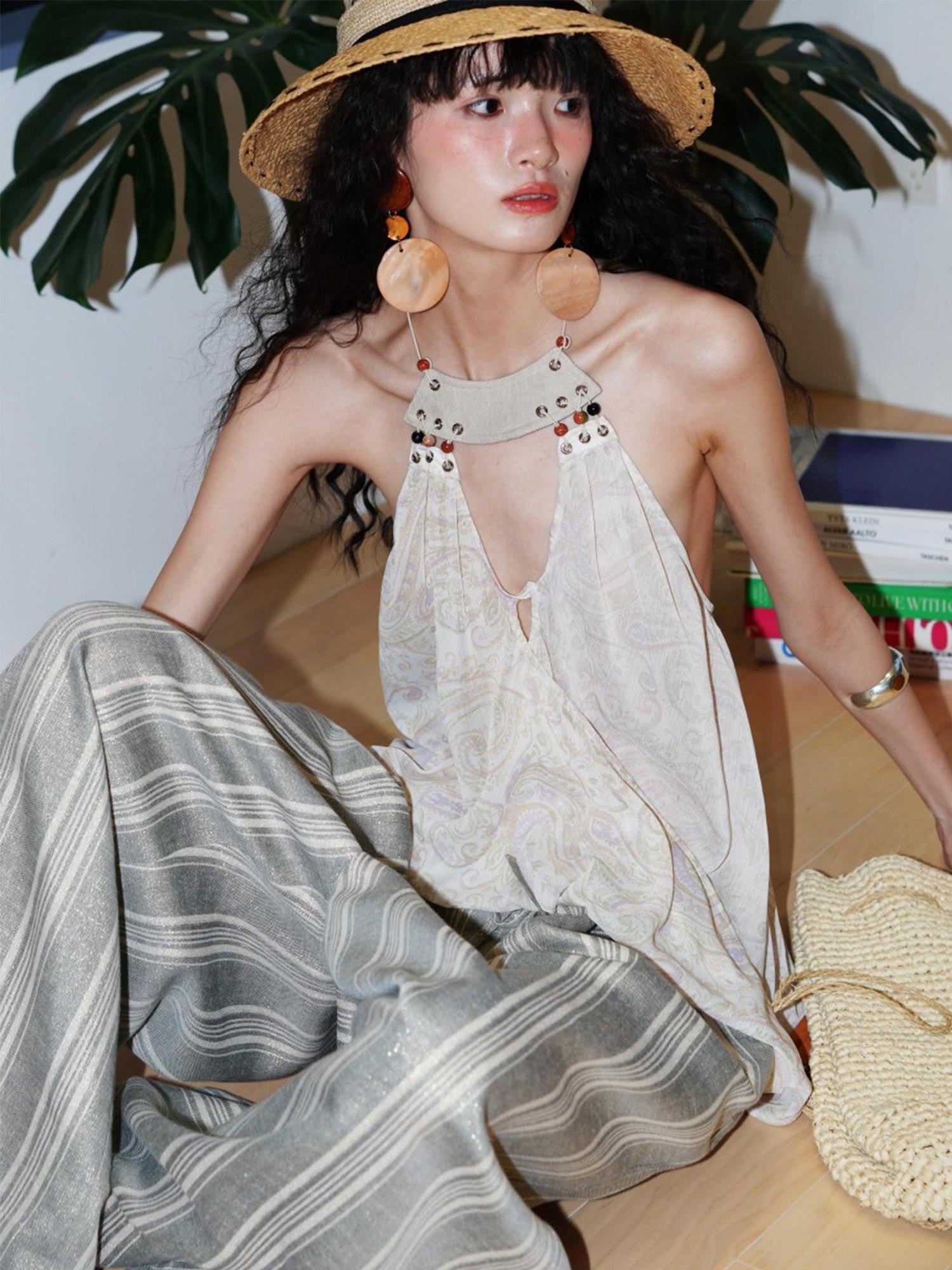 badtaste Plaid Asymmetric Twist Knot Beaded V-neck Women's Semi Sheer Halter Tops