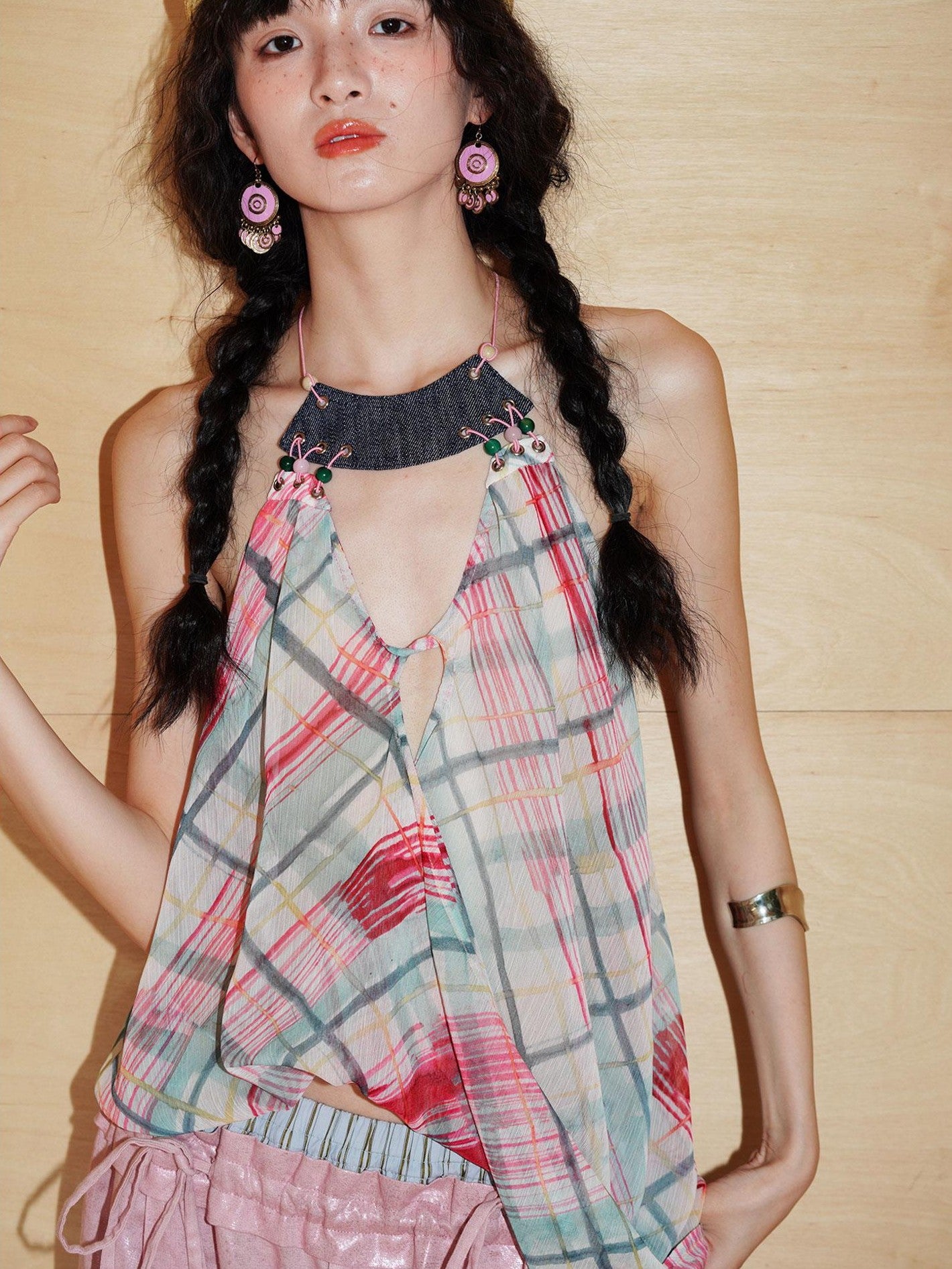 badtaste Plaid Asymmetric Twist Knot Beaded V-neck Women's Semi Sheer Halter Tops