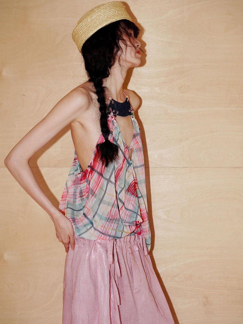 badtaste Plaid Asymmetric Twist Knot Beaded V-neck Women's Semi Sheer Halter Tops