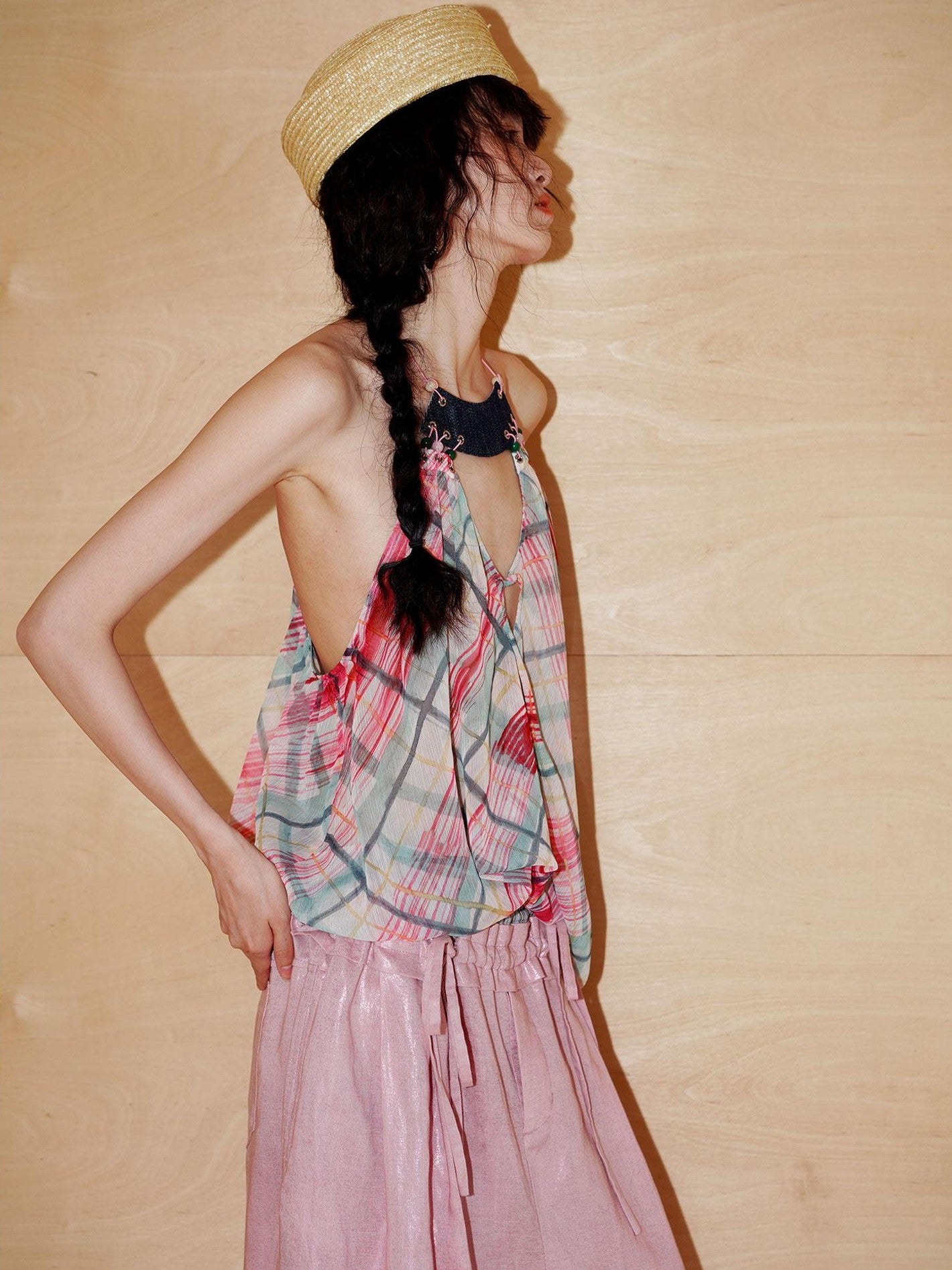 badtaste Plaid Asymmetric Twist Knot Beaded V-neck Women's Semi Sheer Halter Tops
