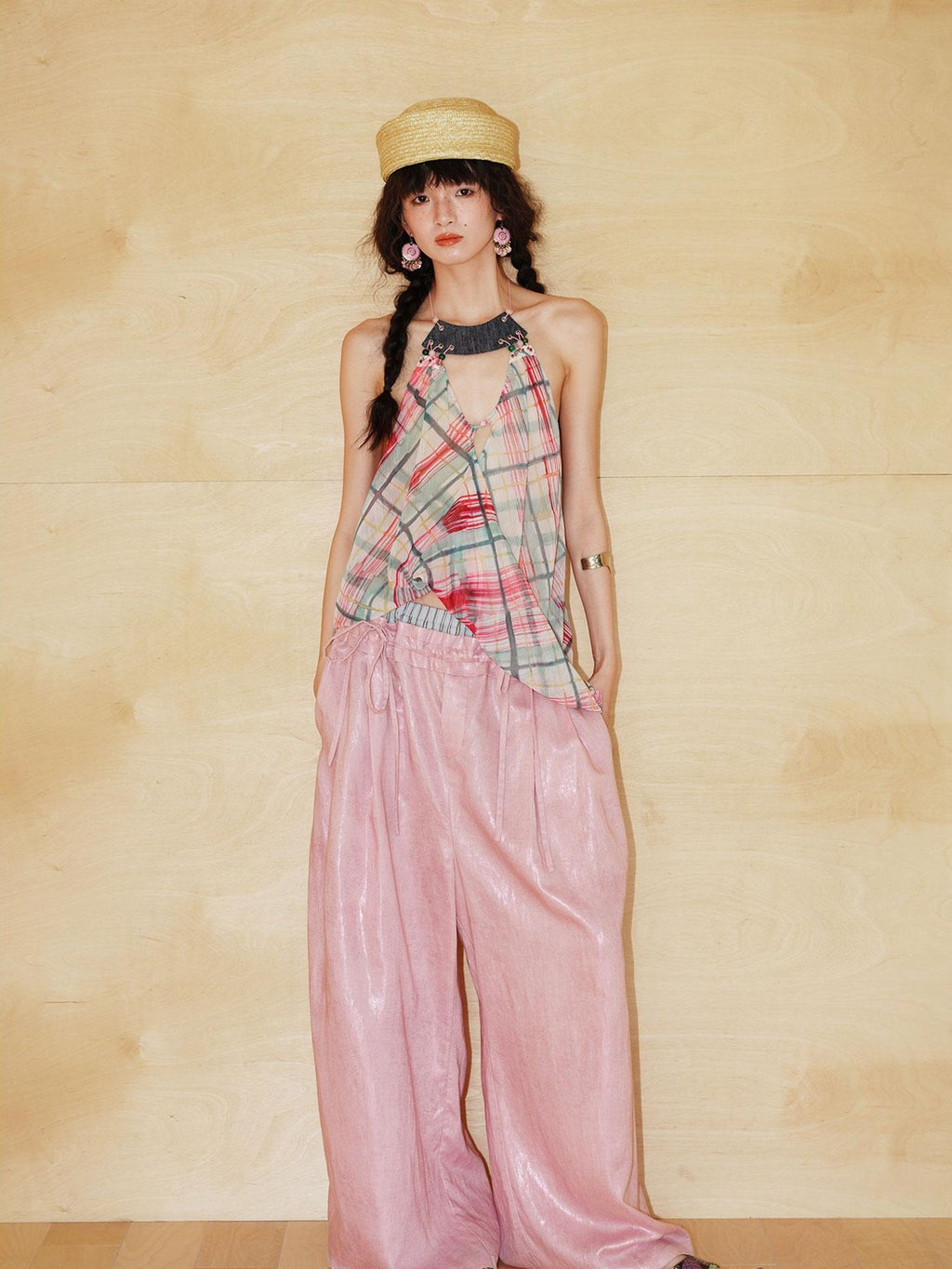 badtaste Plaid Asymmetric Twist Knot Beaded V-neck Women's Semi Sheer Halter Tops