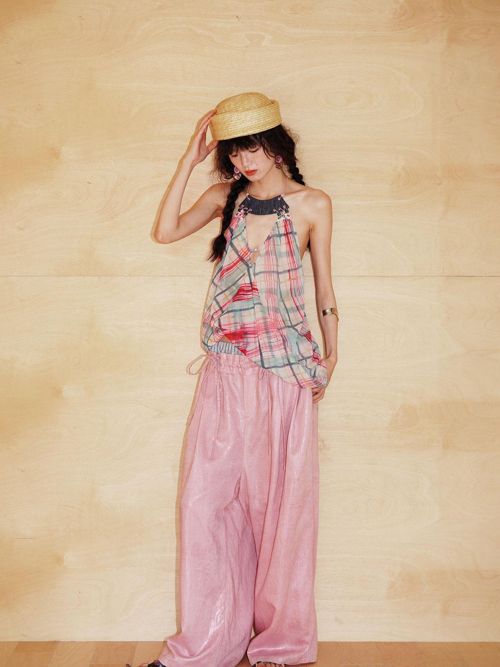badtaste Plaid Asymmetric Twist Knot Beaded V-neck Women's Semi Sheer Halter Tops