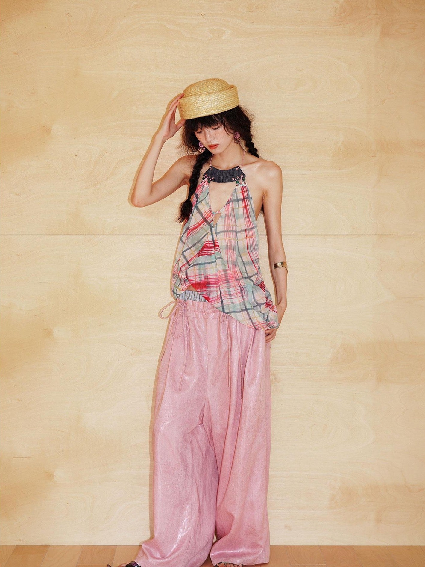 badtaste Plaid Asymmetric Twist Knot Beaded V-neck Women's Semi Sheer Halter Tops