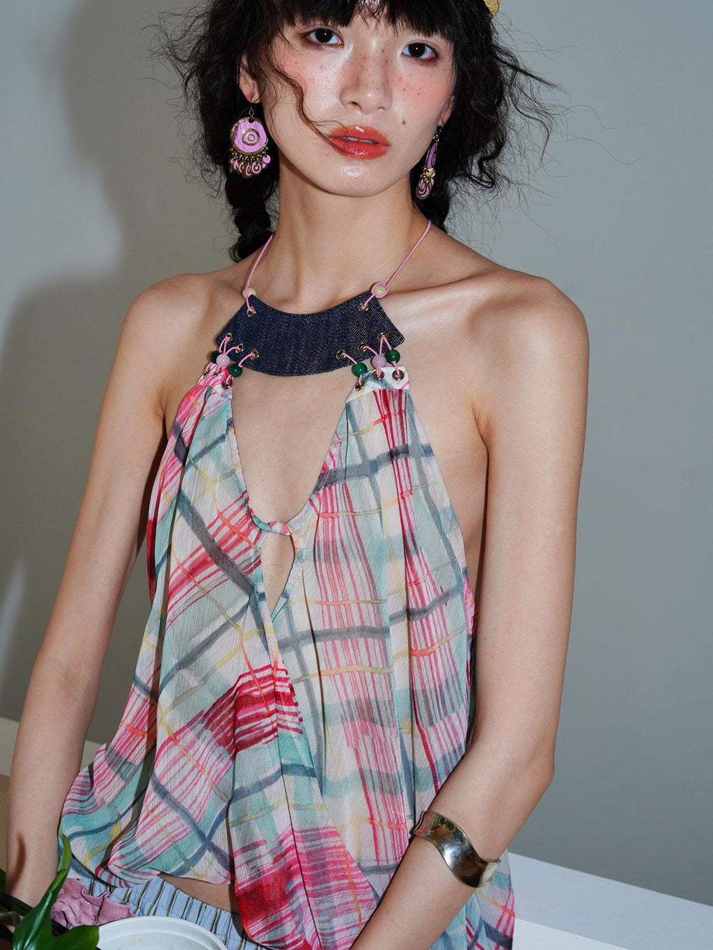 badtaste Plaid Asymmetric Twist Knot Beaded V-neck Women's Semi Sheer Halter Tops