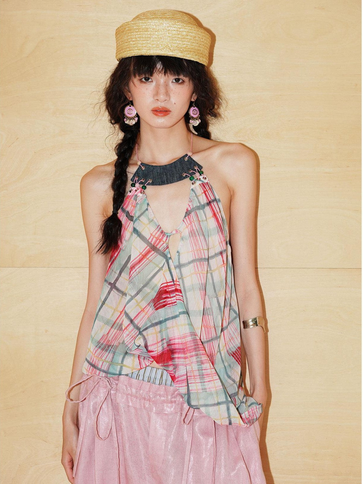 badtaste Plaid Asymmetric Twist Knot Beaded V-neck Women's Semi Sheer Halter Tops