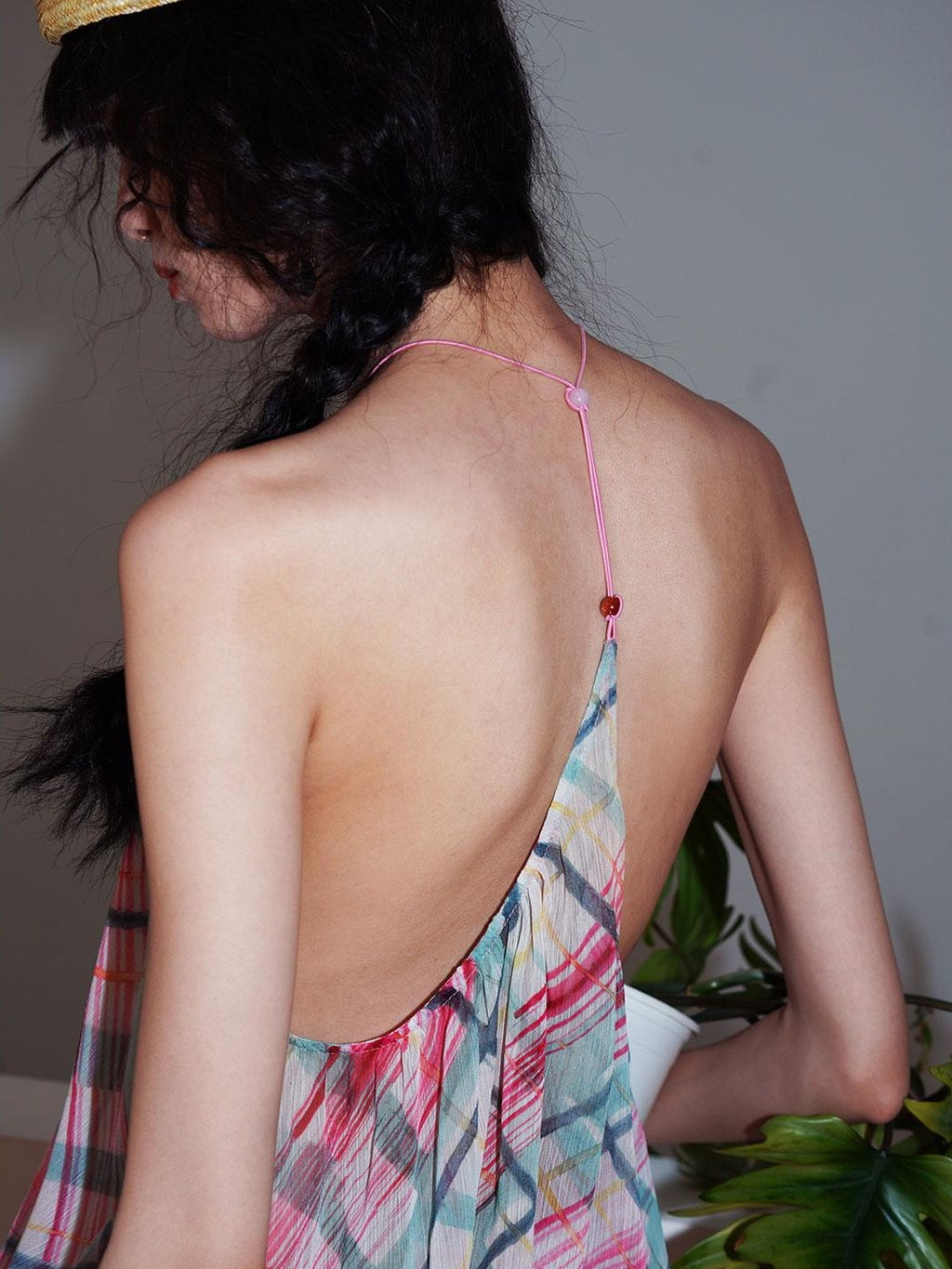 badtaste Plaid Asymmetric Twist Knot Beaded V-neck Women's Semi Sheer Halter Tops
