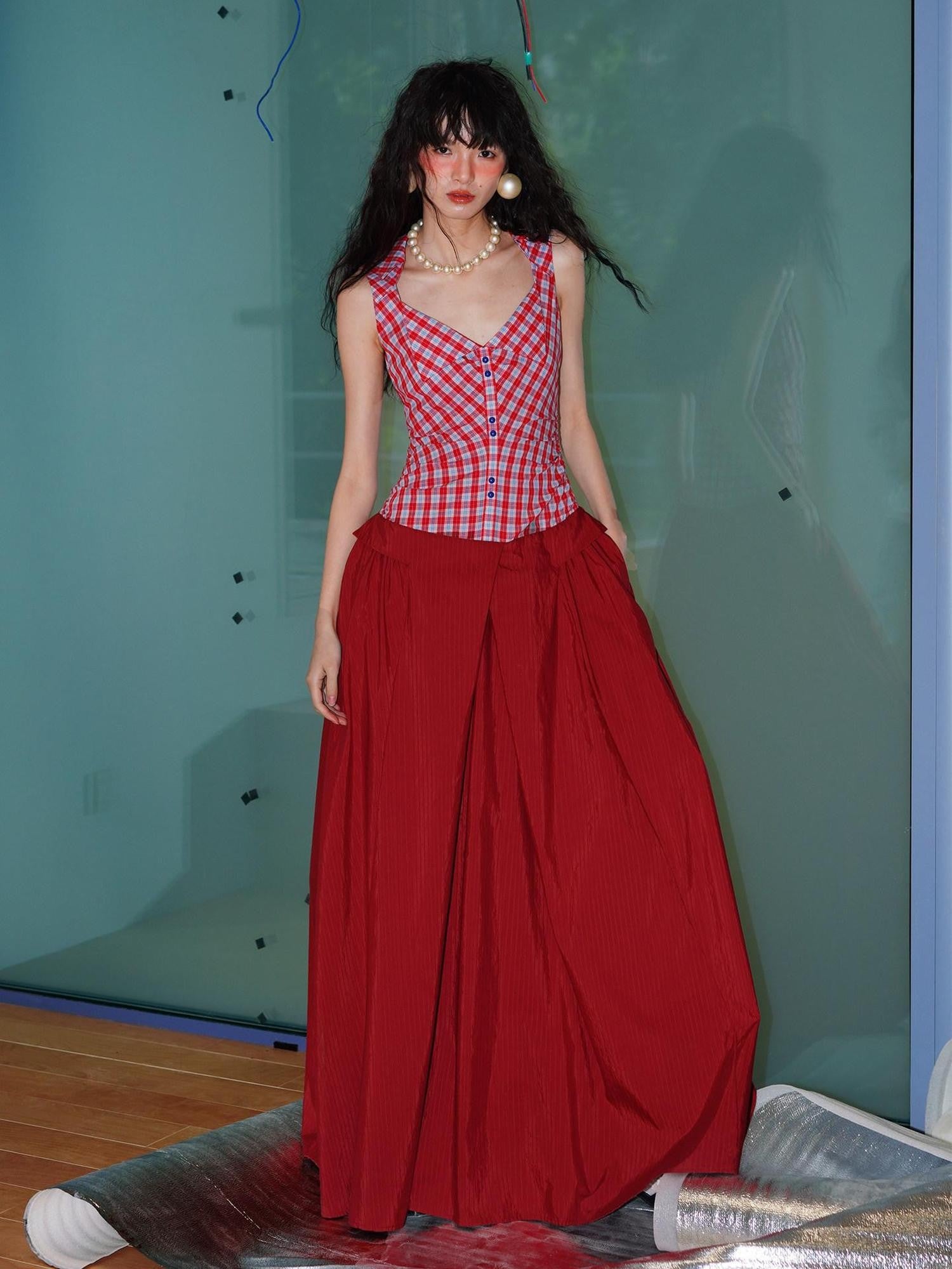 badtaste Plaid Colorblock Spliced Collared Faux Two Piece Women's Slip Maxi Dresses
