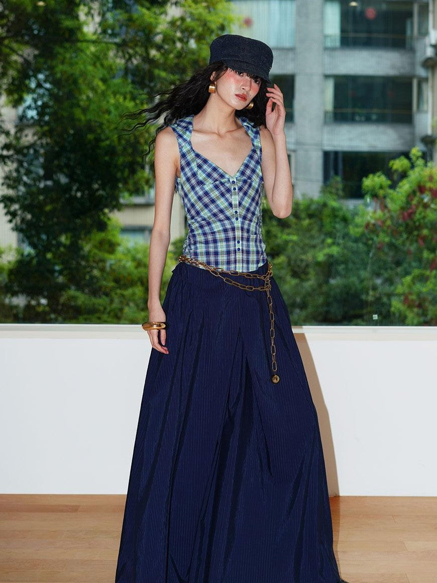 badtaste Plaid Colorblock Spliced Collared Faux Two Piece Women's Slip Maxi Dresses