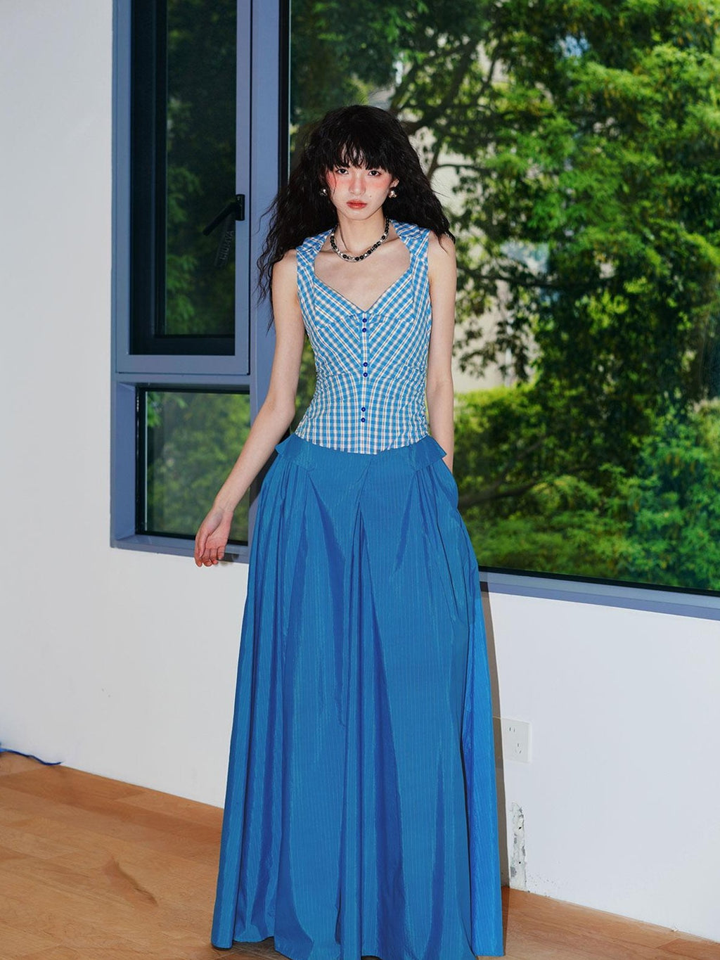 badtaste Plaid Colorblock Spliced Collared Faux Two Piece Women's Slip Maxi Dresses