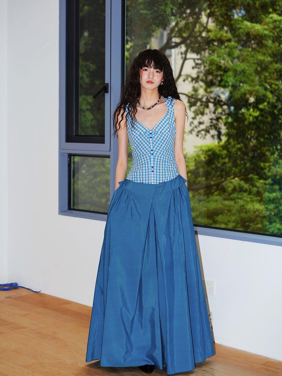 badtaste Plaid Colorblock Spliced Collared Faux Two Piece Women's Slip Maxi Dresses