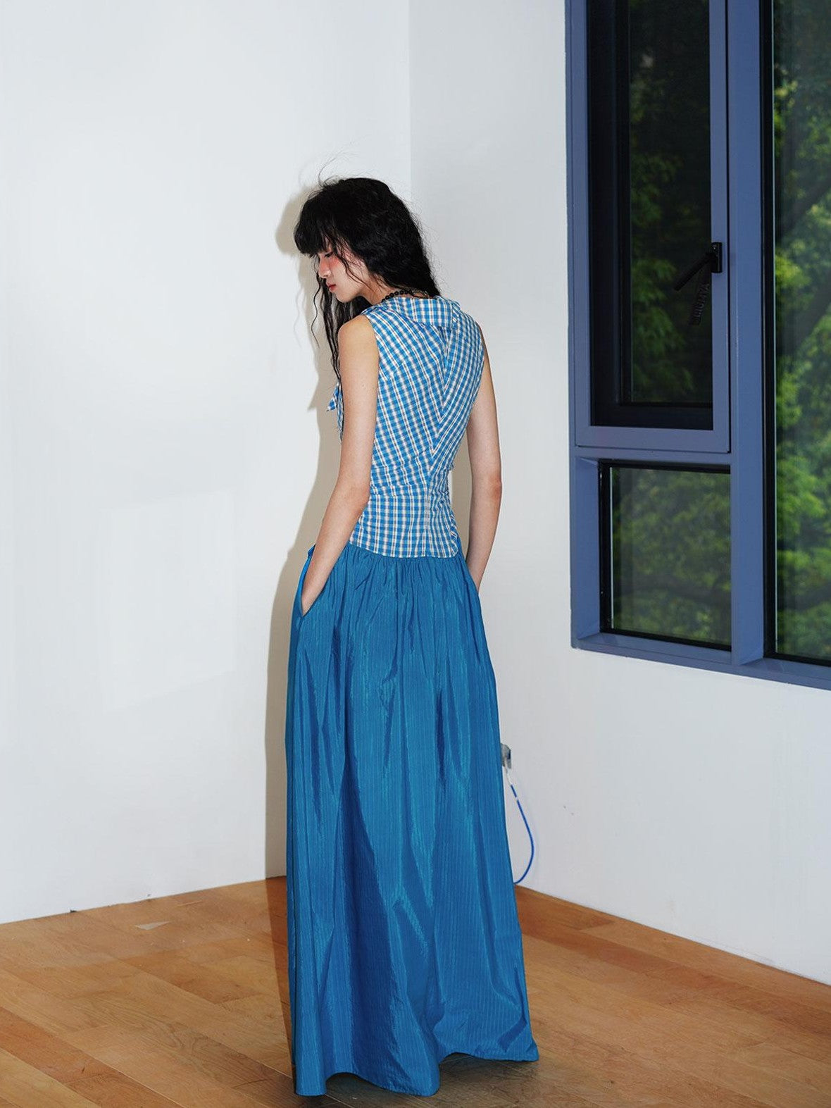 badtaste Plaid Colorblock Spliced Collared Faux Two Piece Women's Slip Maxi Dresses