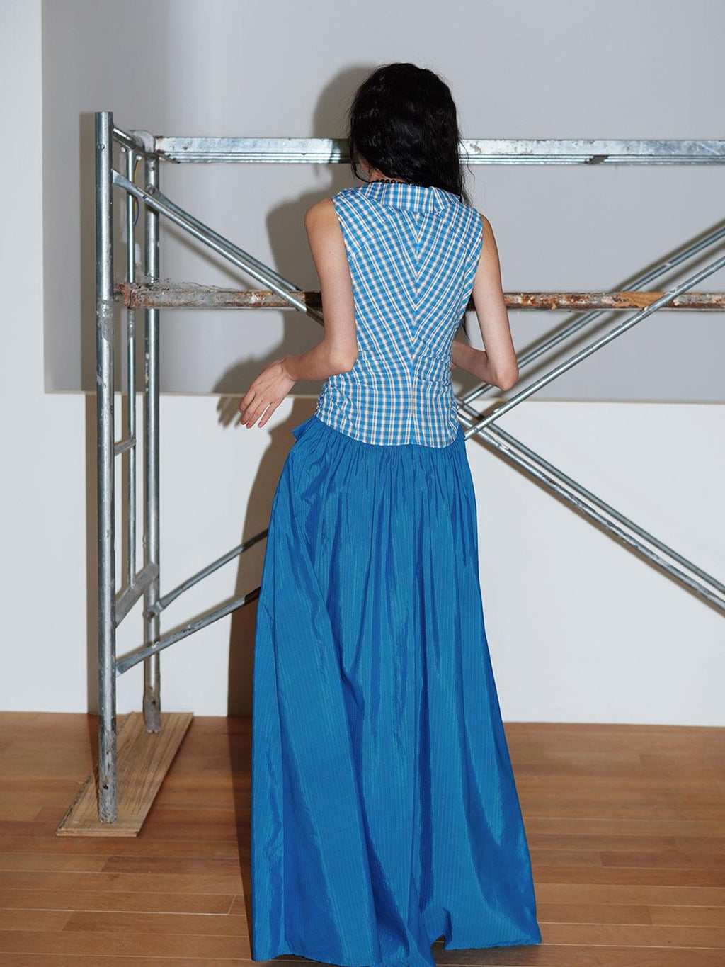 badtaste Plaid Colorblock Spliced Collared Faux Two Piece Women's Slip Maxi Dresses