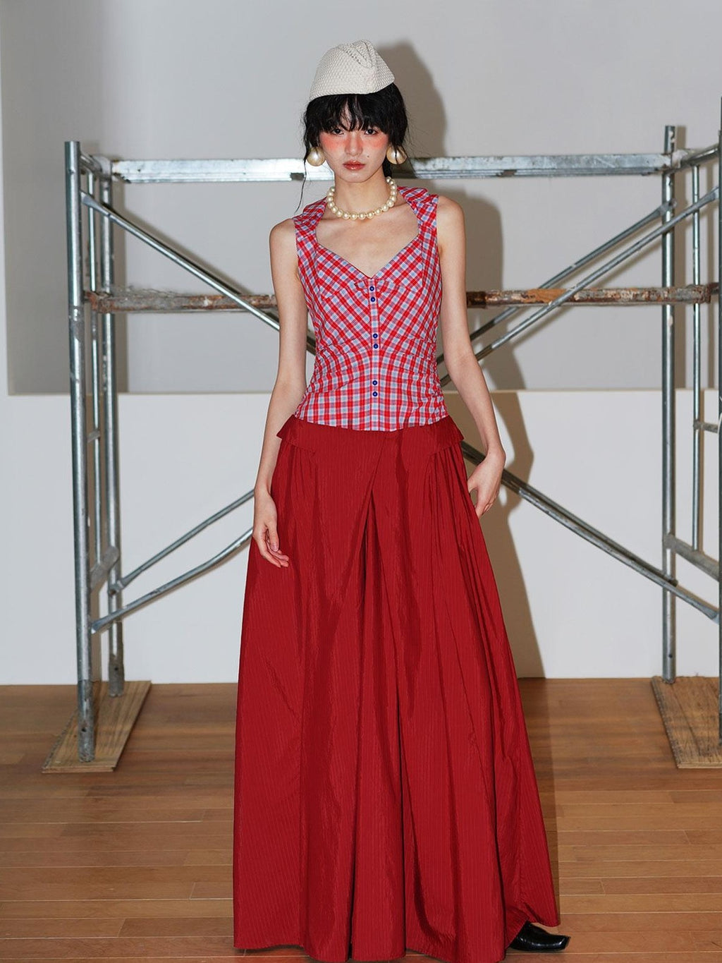 badtaste Plaid Colorblock Spliced Collared Faux Two Piece Women's Slip Maxi Dresses