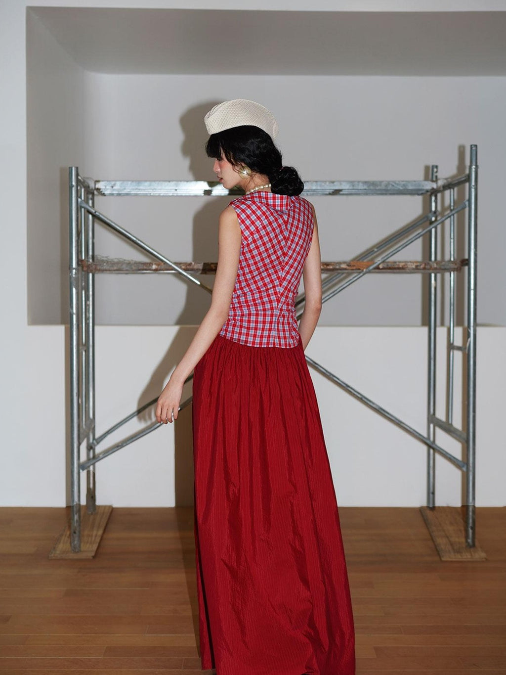 badtaste Plaid Colorblock Spliced Collared Faux Two Piece Women's Slip Maxi Dresses