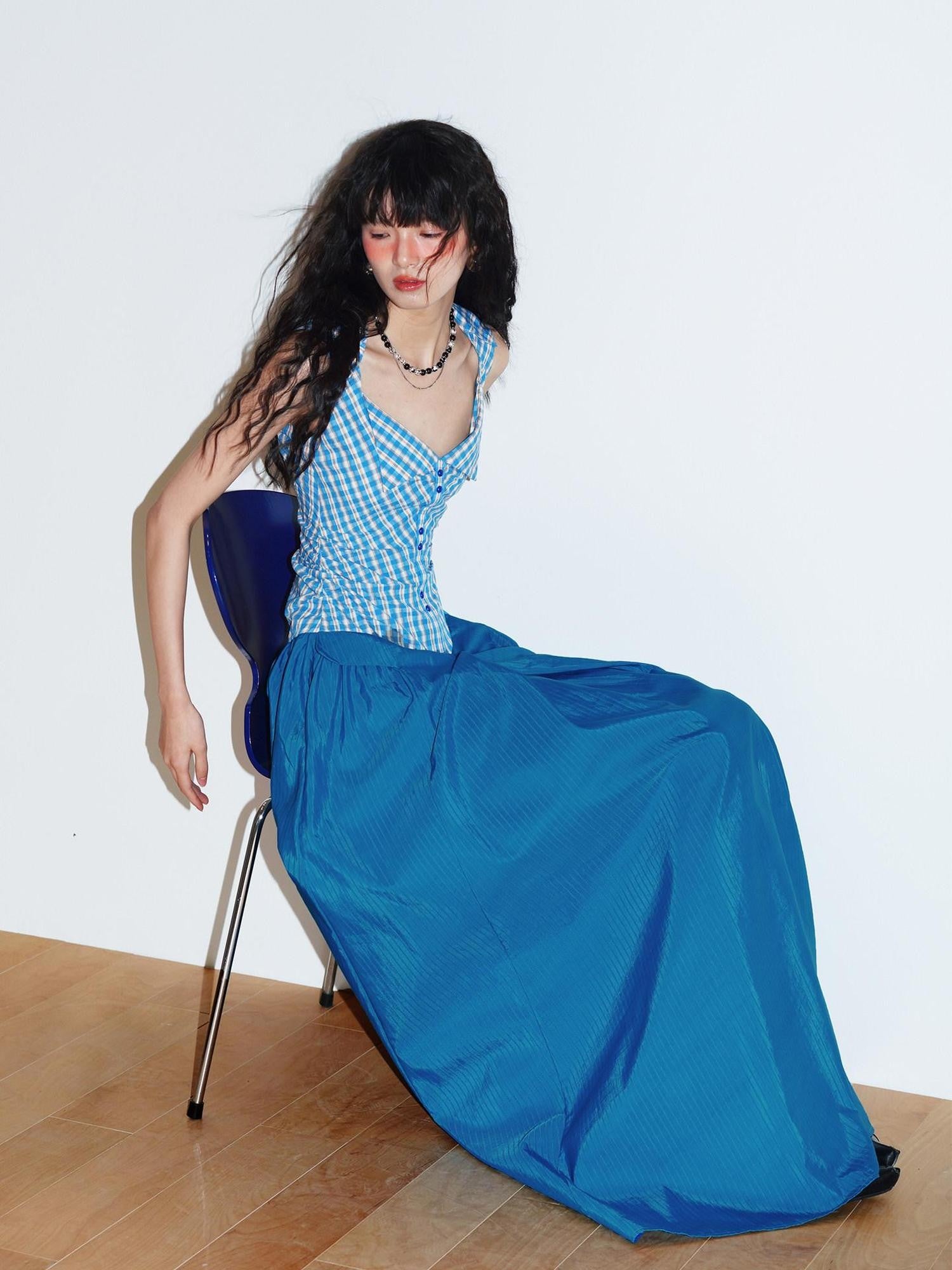 badtaste Plaid Colorblock Spliced Collared Faux Two Piece Women's Slip Maxi Dresses