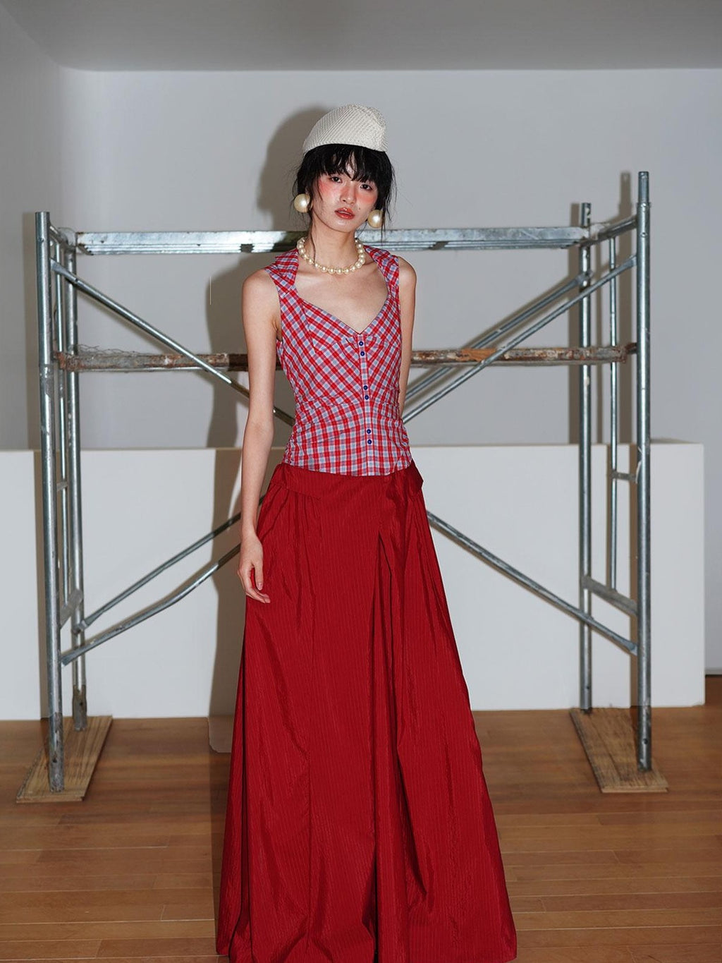 badtaste Plaid Colorblock Spliced Collared Faux Two Piece Women's Slip Maxi Dresses