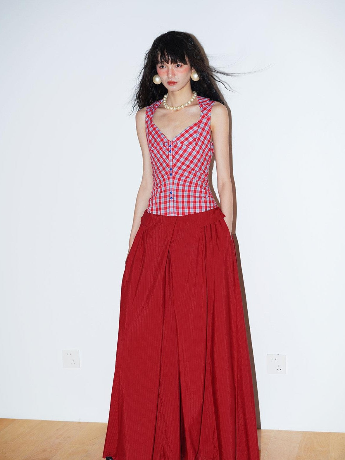 badtaste Plaid Colorblock Spliced Collared Faux Two Piece Women's Slip Maxi Dresses
