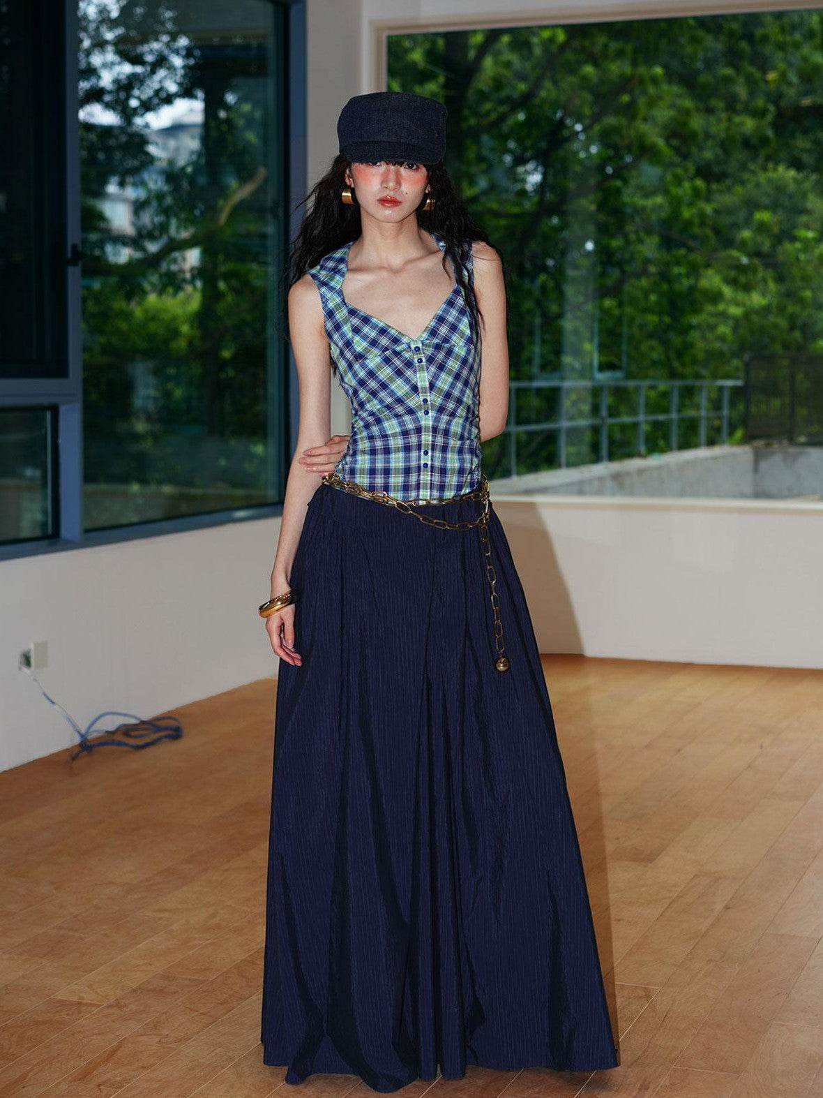 badtaste Plaid Colorblock Spliced Collared Faux Two Piece Women's Slip Maxi Dresses