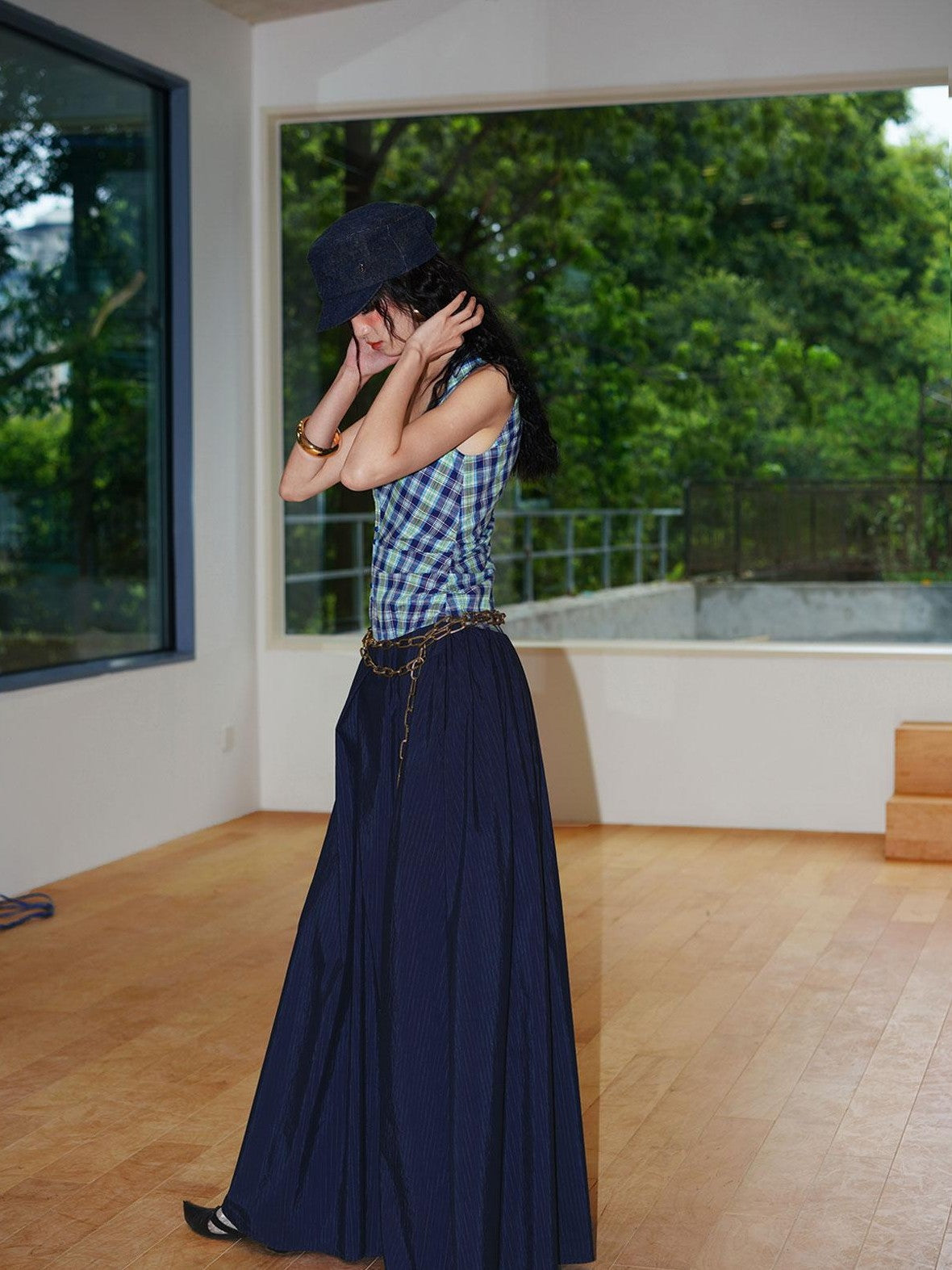badtaste Plaid Colorblock Spliced Collared Faux Two Piece Women's Slip Maxi Dresses