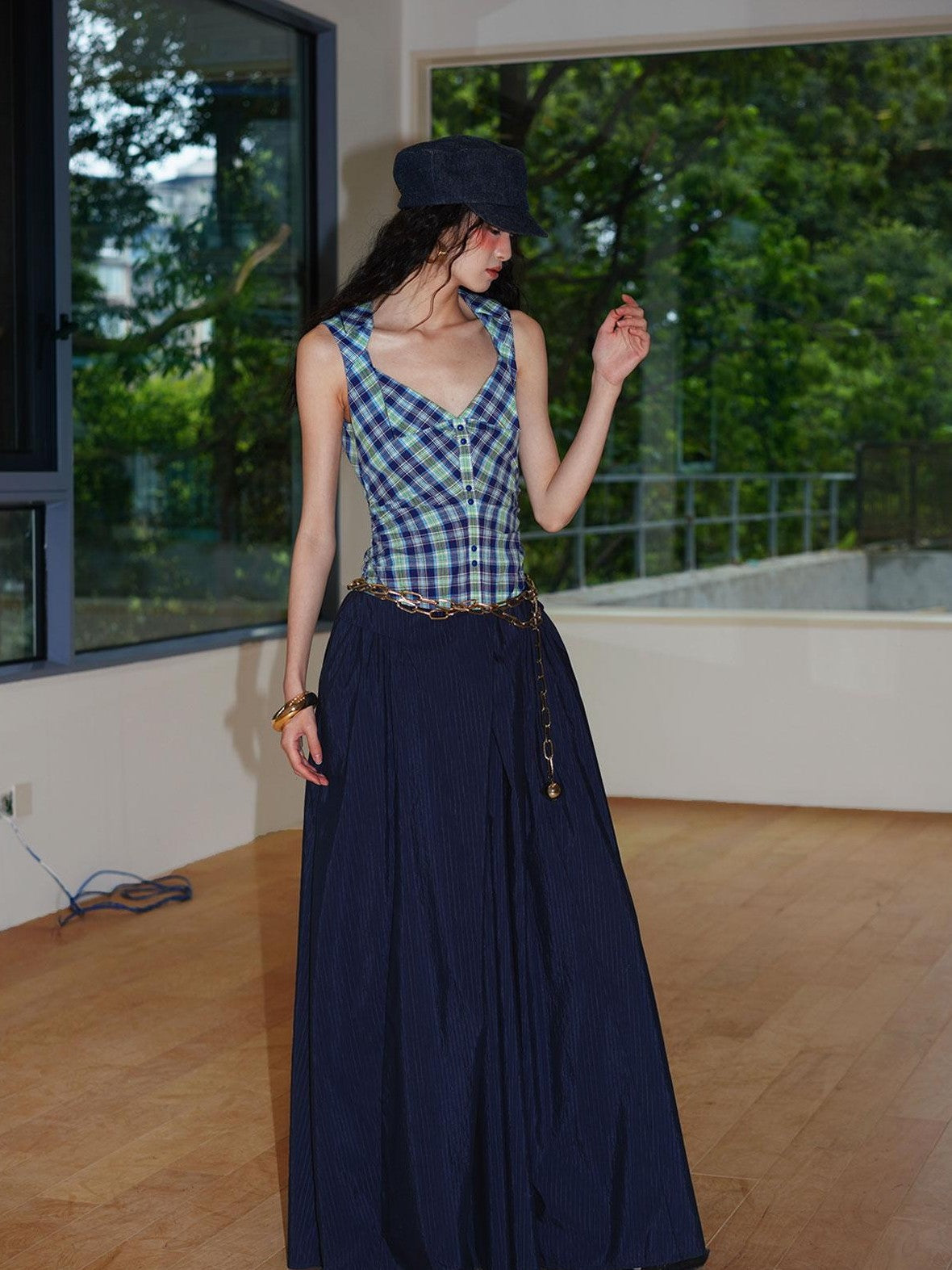 badtaste Plaid Colorblock Spliced Collared Faux Two Piece Women's Slip Maxi Dresses