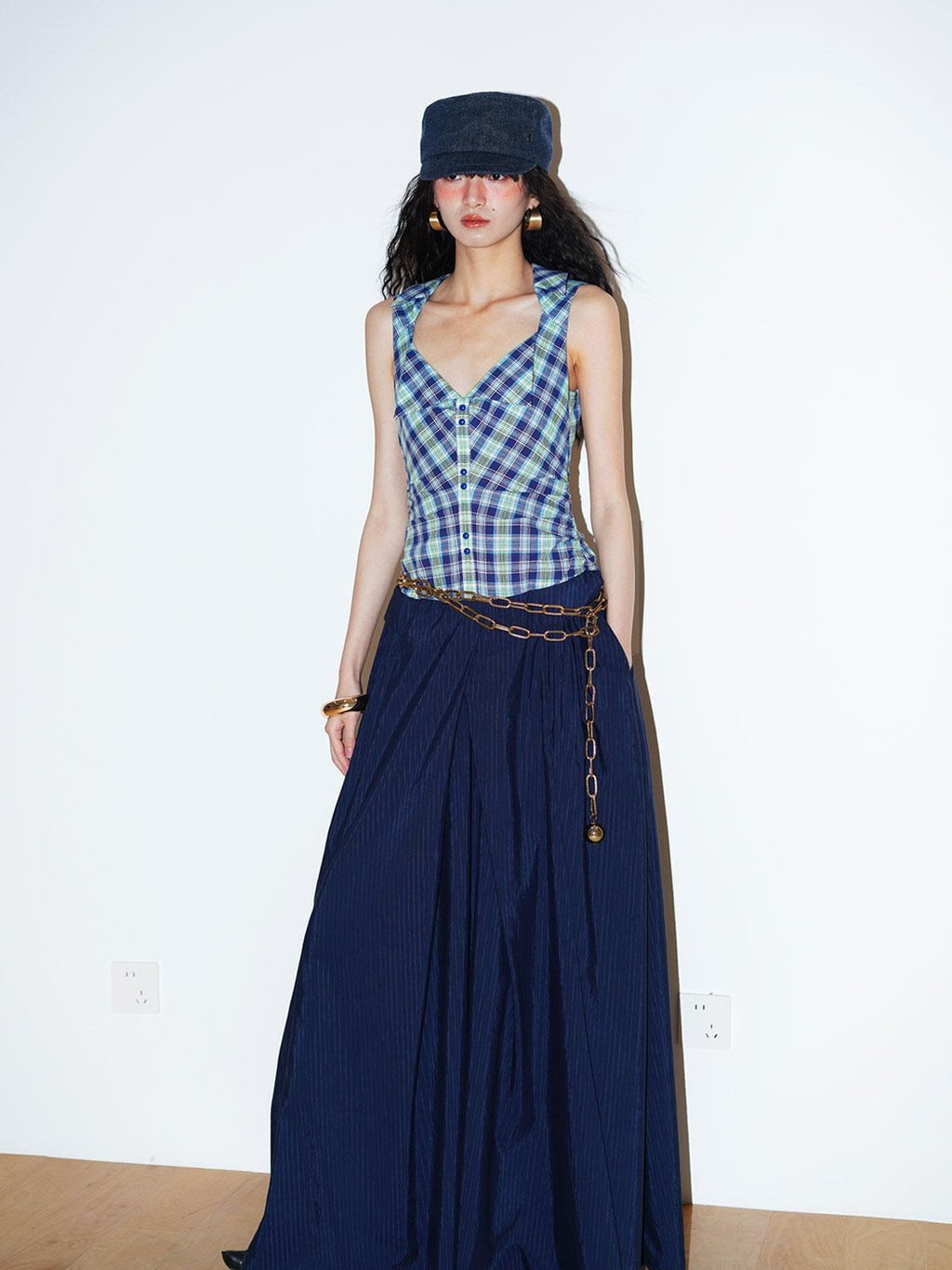badtaste Plaid Colorblock Spliced Collared Faux Two Piece Women's Slip Maxi Dresses