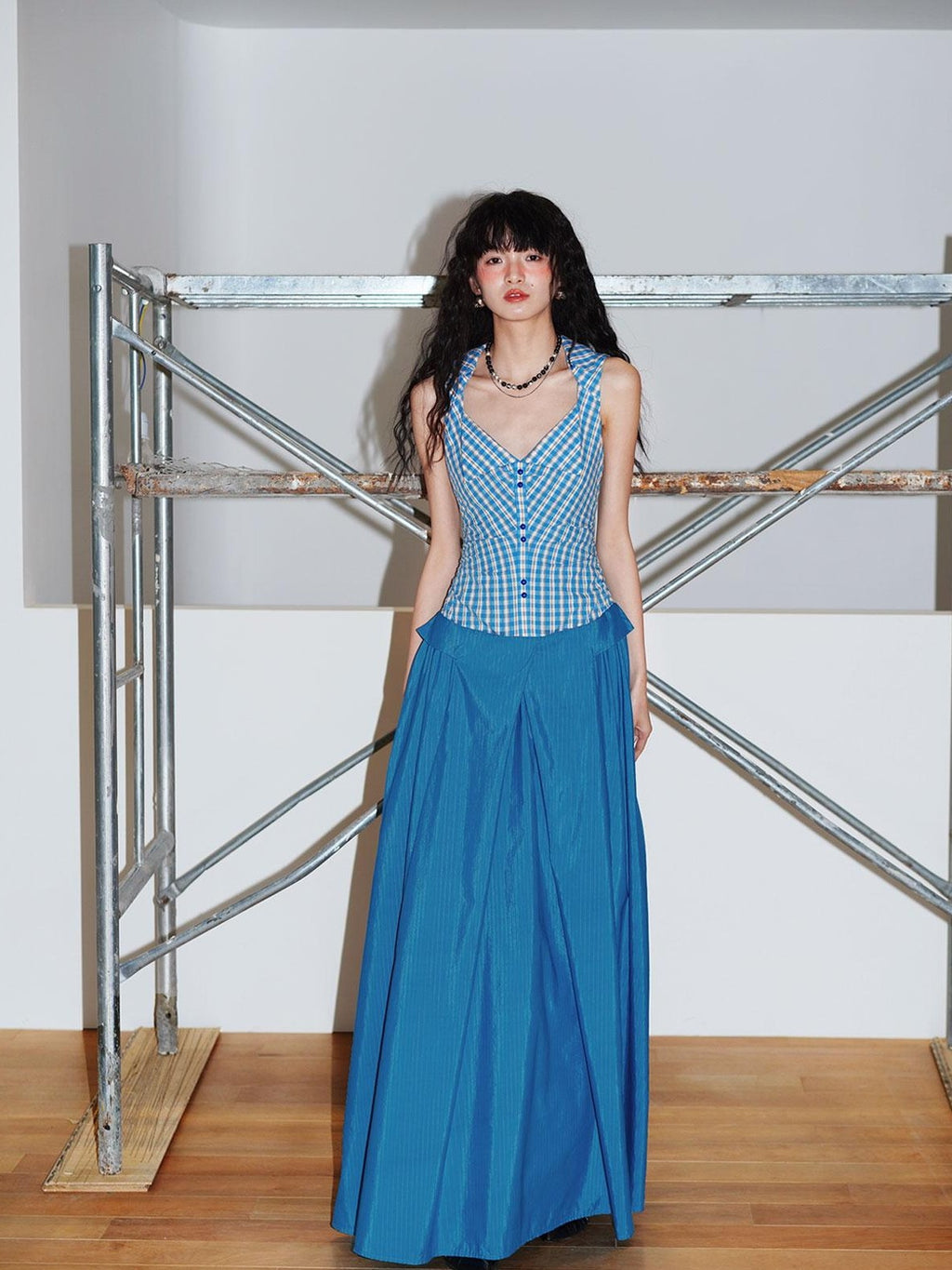 badtaste Plaid Colorblock Spliced Collared Faux Two Piece Women's Slip Maxi Dresses